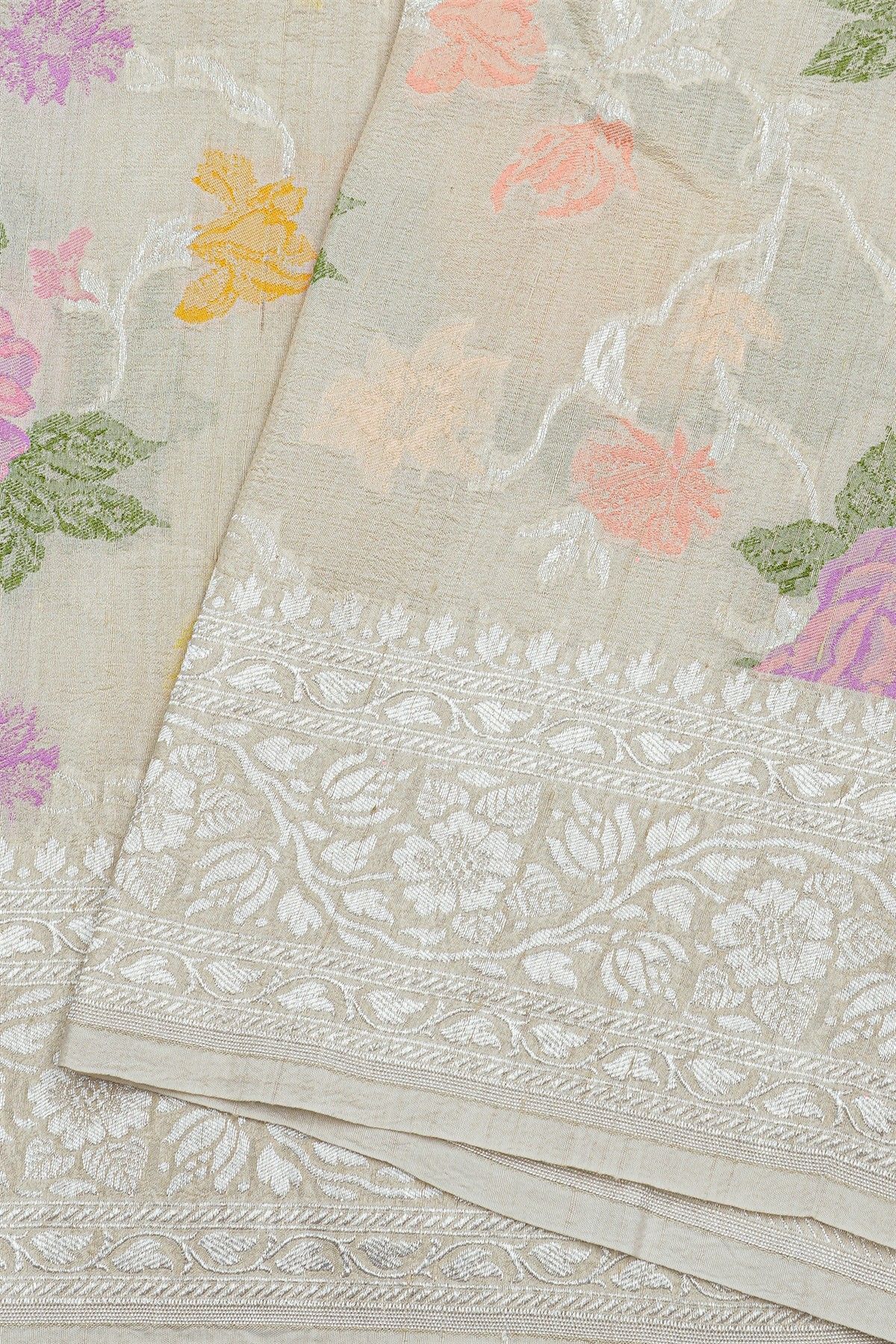 Banarasi Silk Off White Saree With Florals And Leaves Body And Self Florals And Leaves Jaal Border