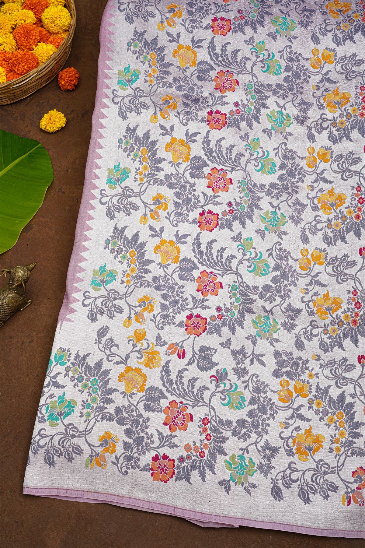 Banarasi Silk Lilac Saree With Buttis Body And Self Florals And Leaves Border