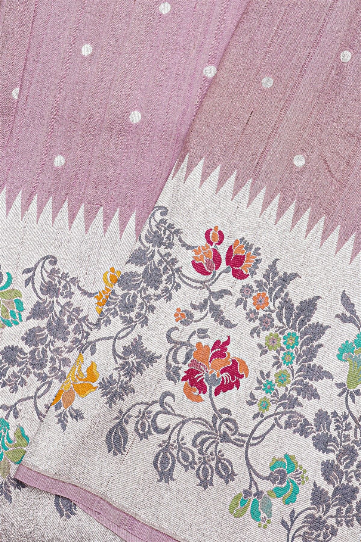 Banarasi Silk Lilac Saree With Buttis Body And Self Florals And Leaves Border