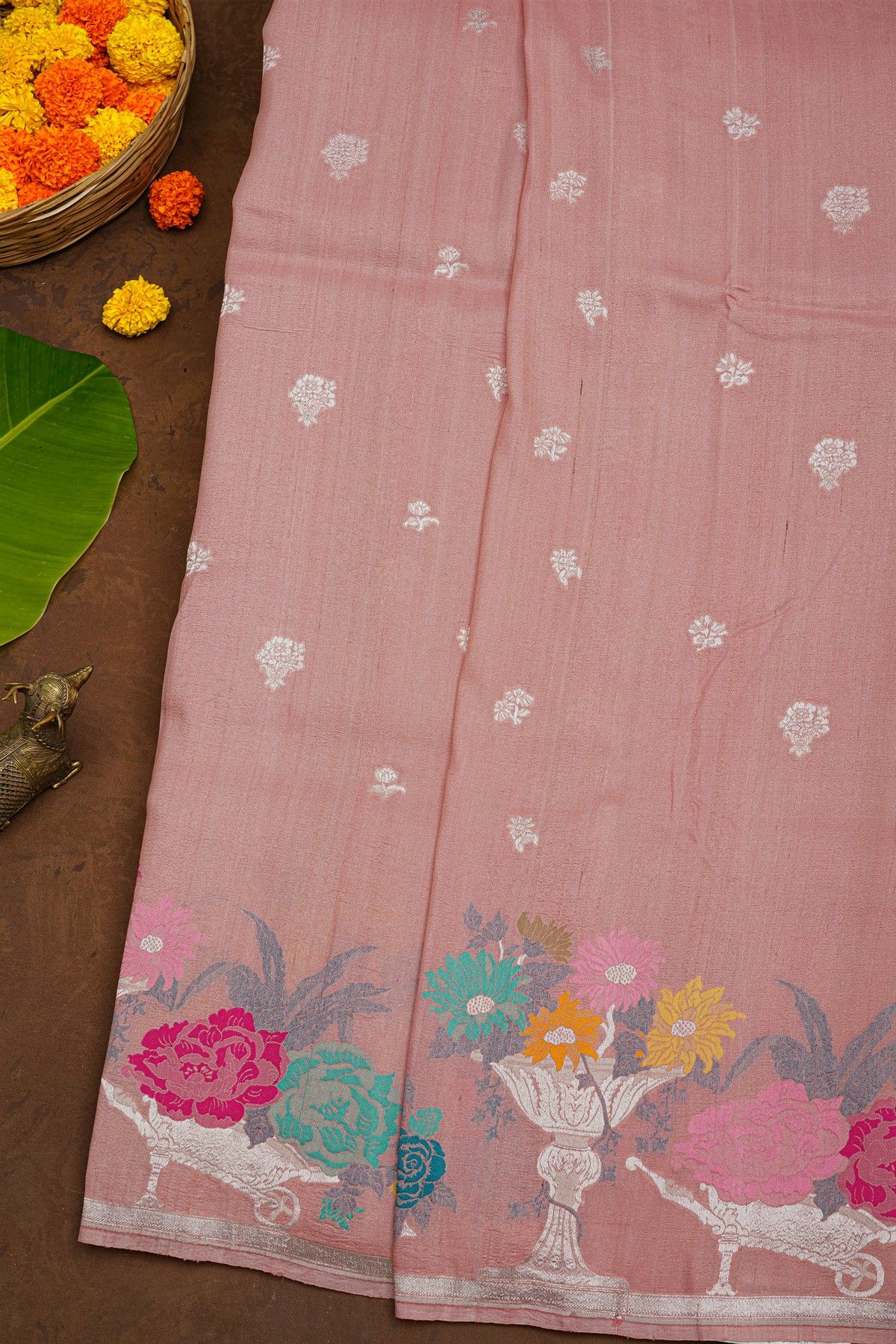 Banarasi Silk Baby Pink Saree With Florals And Buttis Body And Self Florals And Leaves Border