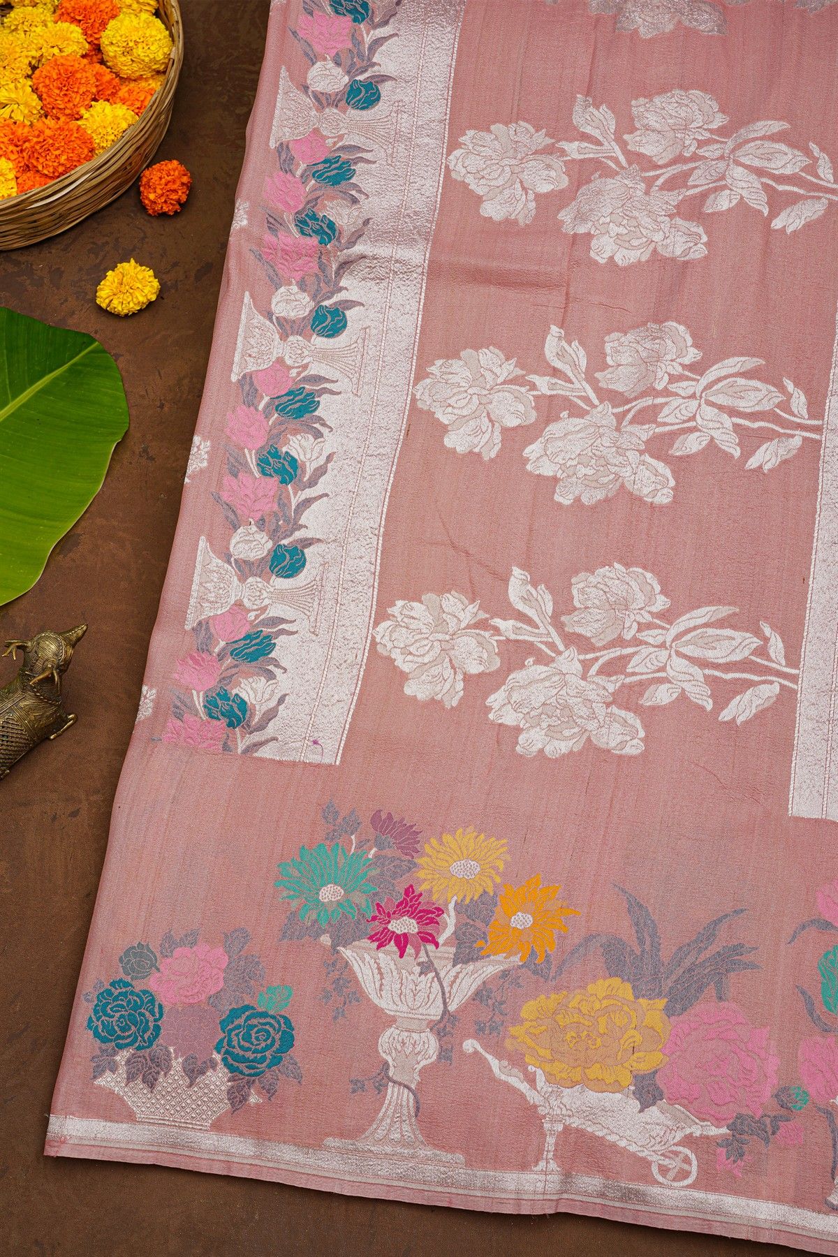 Banarasi Silk Baby Pink Saree With Florals And Buttis Body And Self Florals And Leaves Border