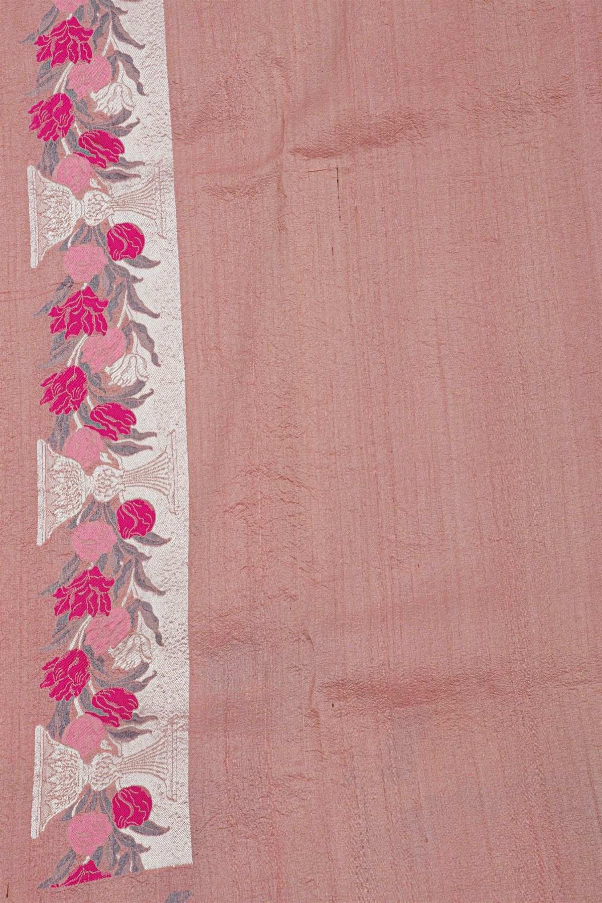 Banarasi Silk Baby Pink Saree With Florals And Buttis Body And Self Florals And Leaves Border