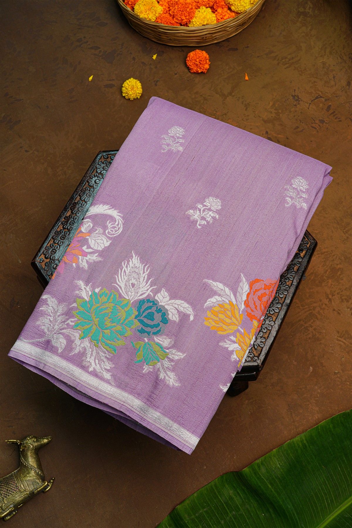 Banarasi Silk Lavender Saree With Florals And Buttis Body And Self Kaddi Border