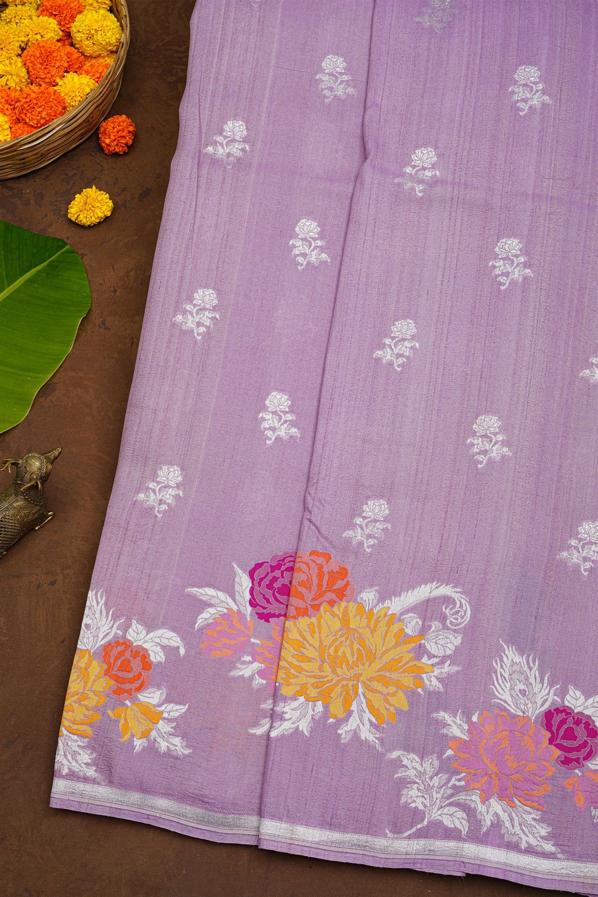 Banarasi Silk Lavender Saree With Florals And Buttis Body And Self Kaddi Border