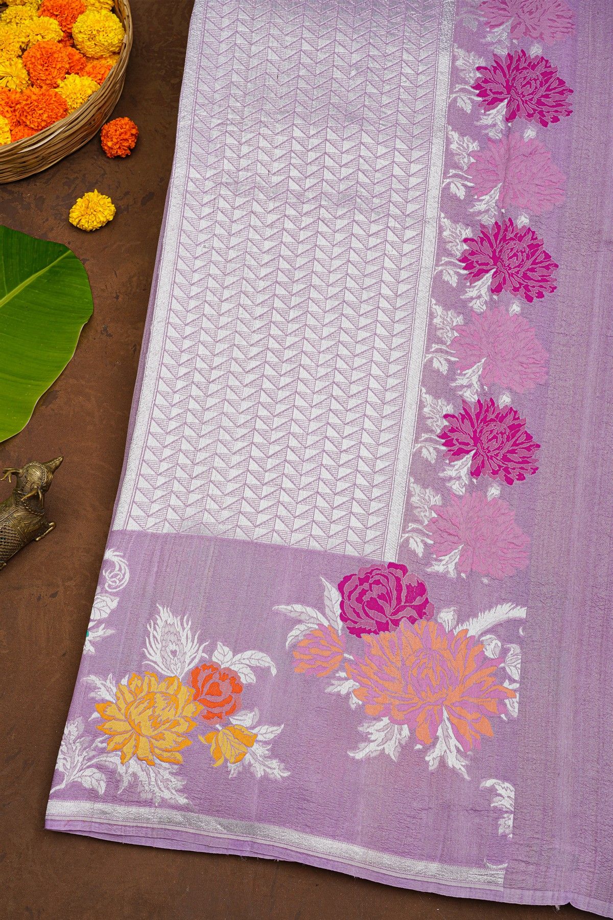 Banarasi Silk Lavender Saree With Florals And Buttis Body And Self Kaddi Border
