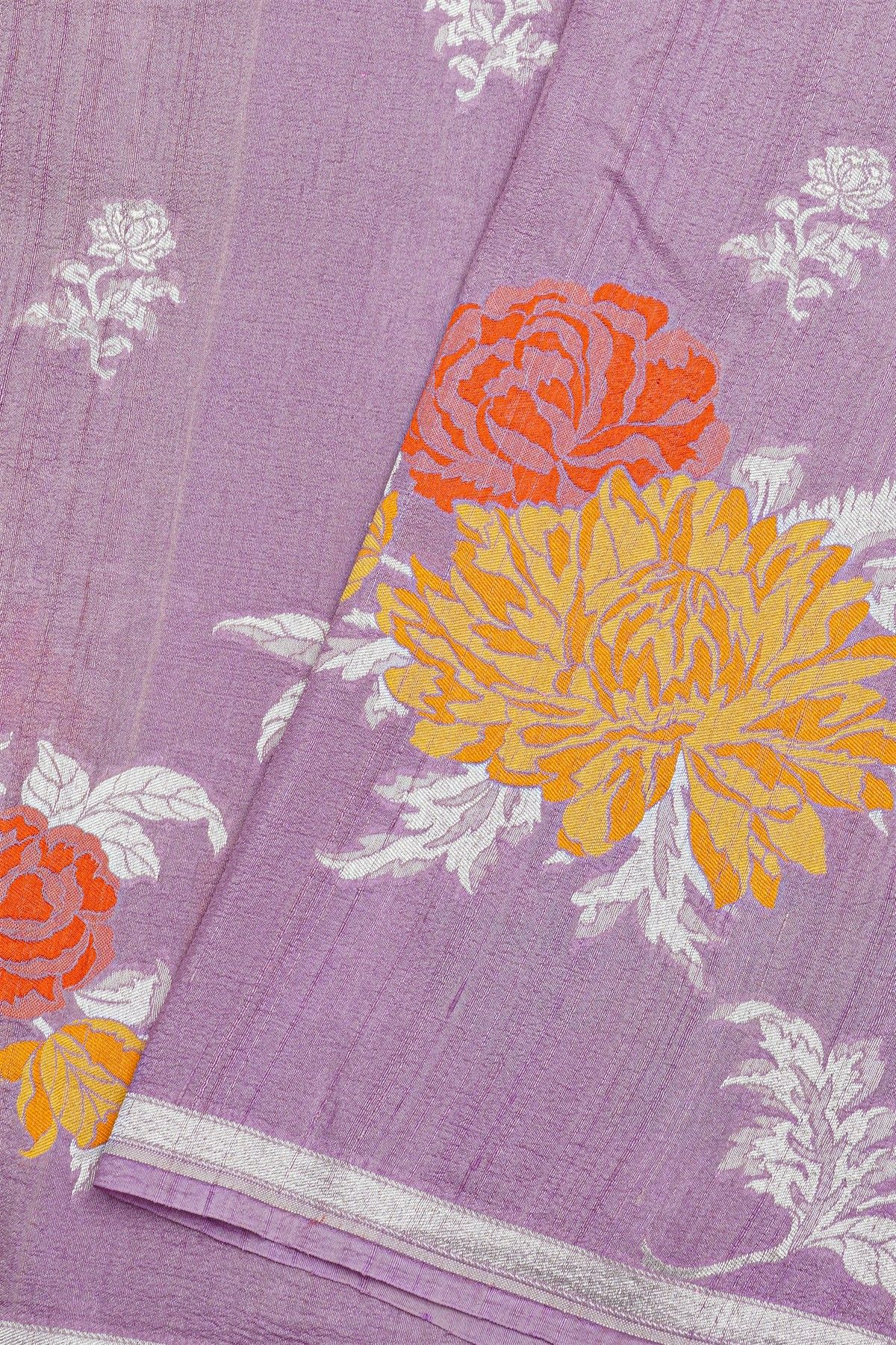 Banarasi Silk Lavender Saree With Florals And Buttis Body And Self Kaddi Border