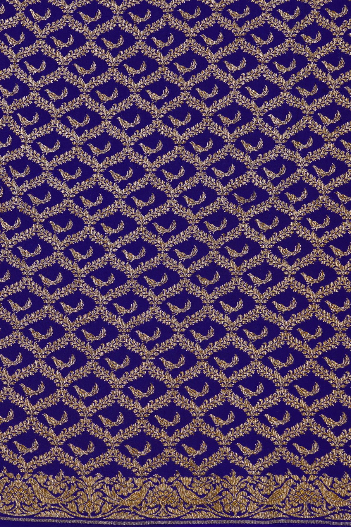 Banarasi Kaddi Georgette Blue Saree With Florals And Birds In Zari Border