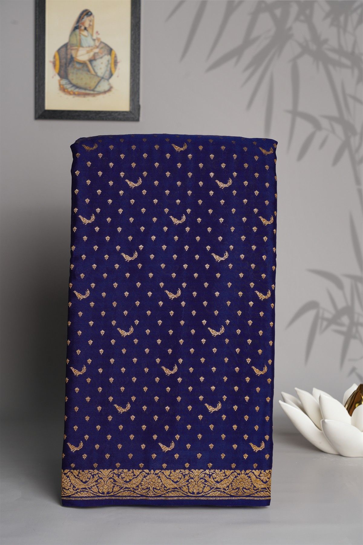 Banarasi Kaddi Georgette Blue Saree With Florals And Birds In Zari Border