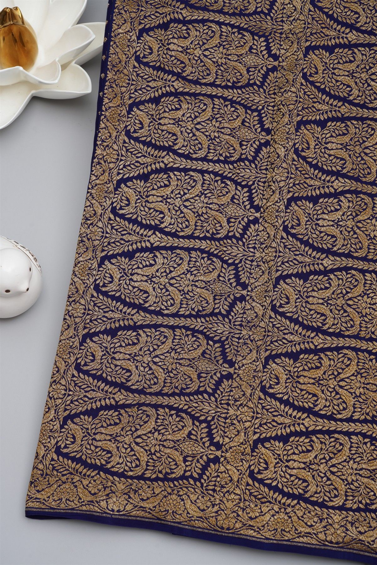 Banarasi Kaddi Georgette Blue Saree With Florals And Birds In Zari Border