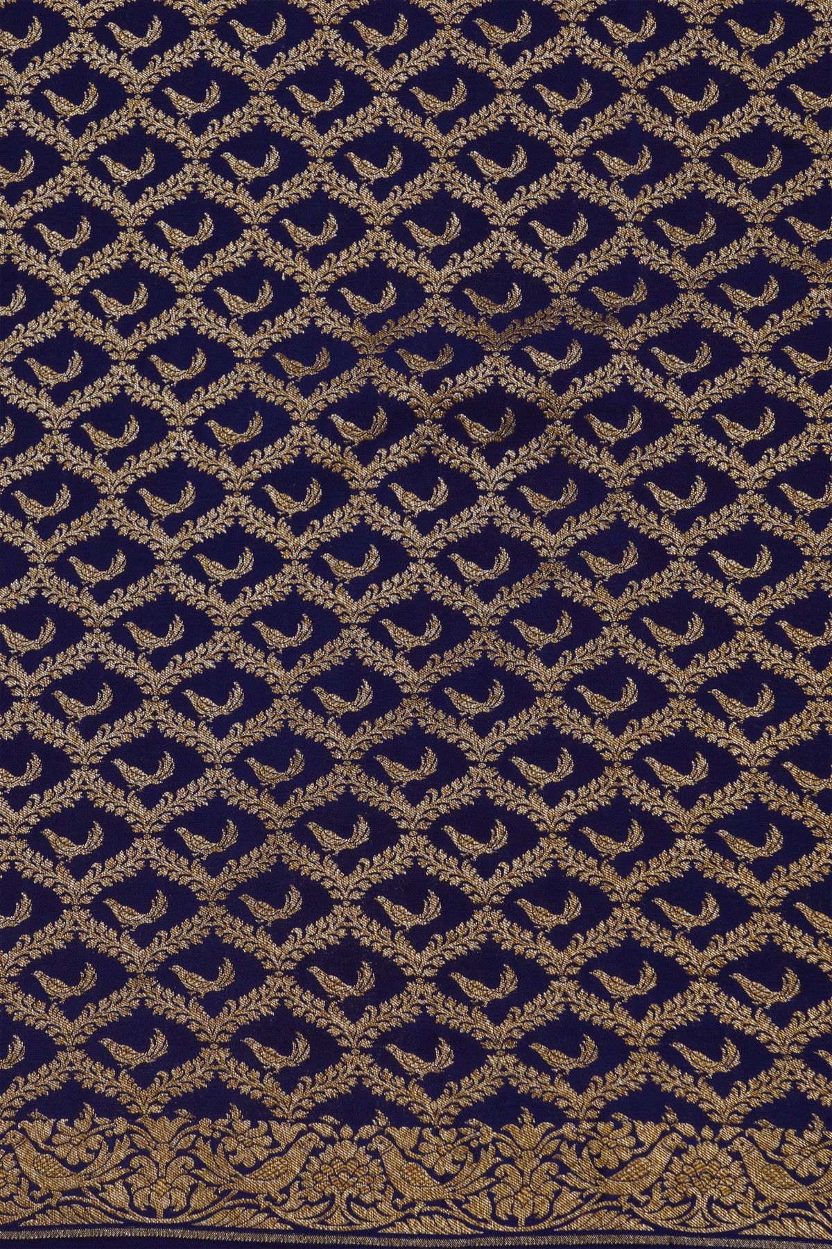 Banarasi Kaddi Georgette Blue Saree With Florals And Birds In Zari Border
