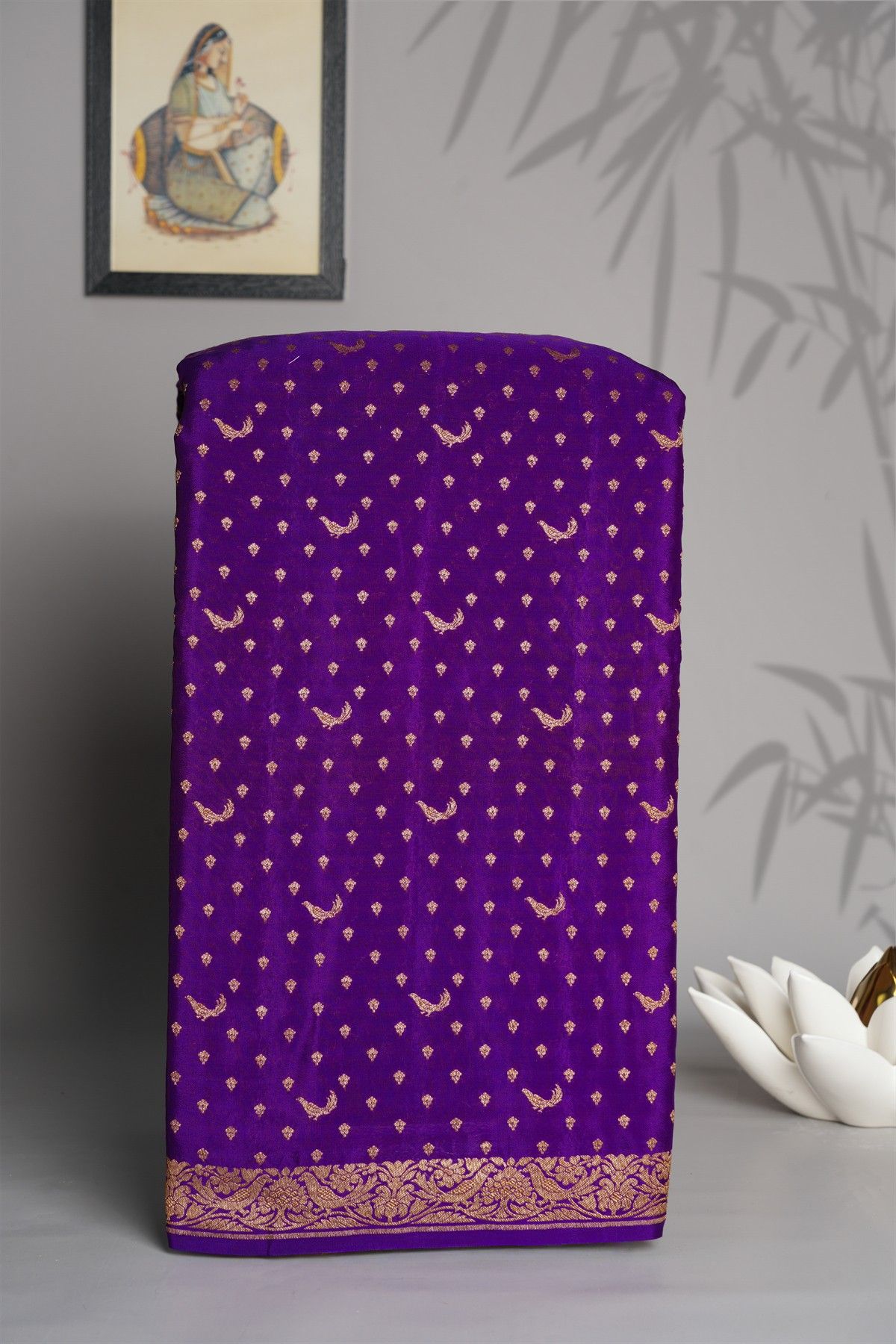 Banarasi Kaddi Georgette Purple Saree With Florals And Birds In Zari Border