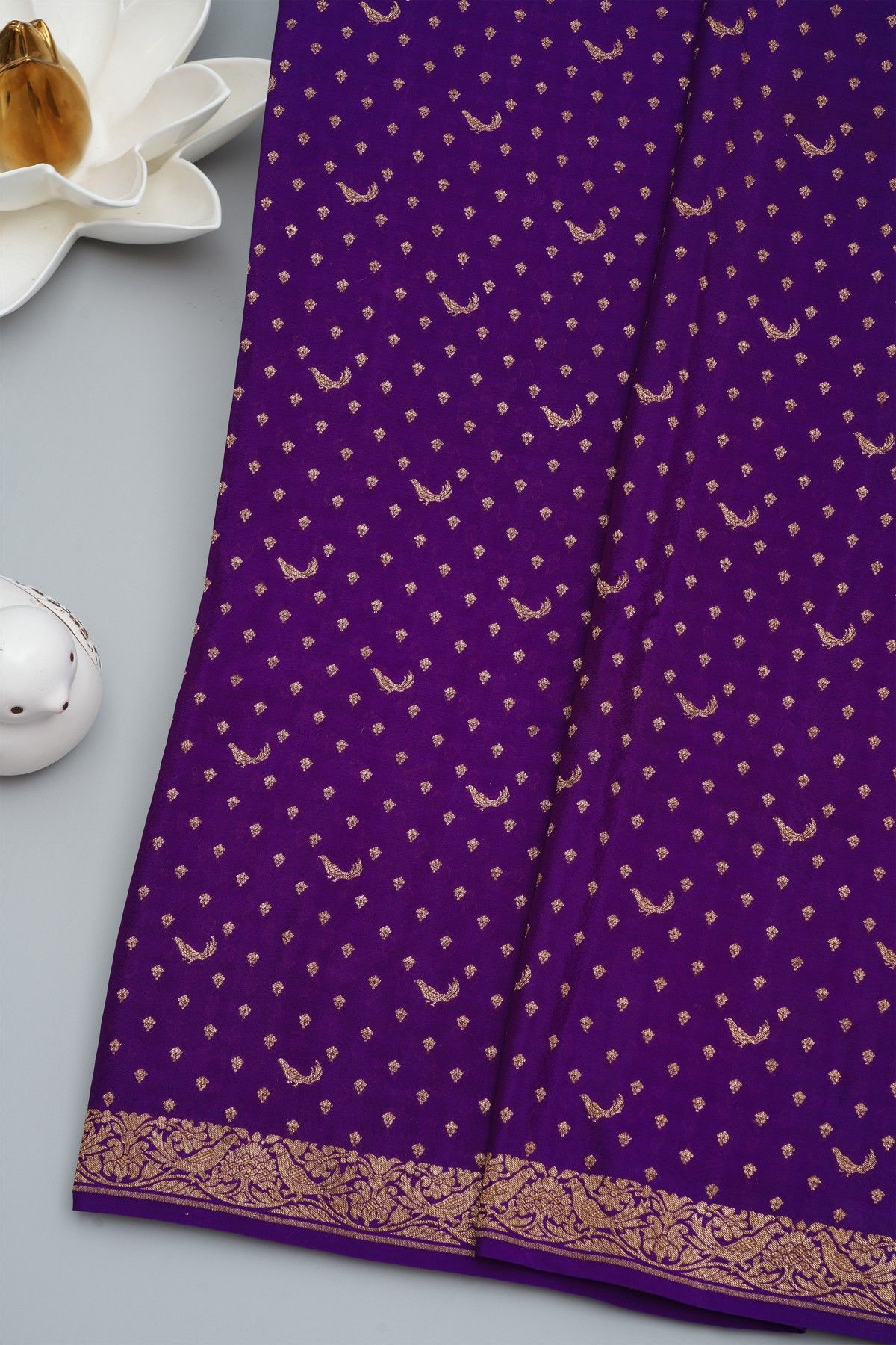 Banarasi Kaddi Georgette Purple Saree With Florals And Birds In Zari Border