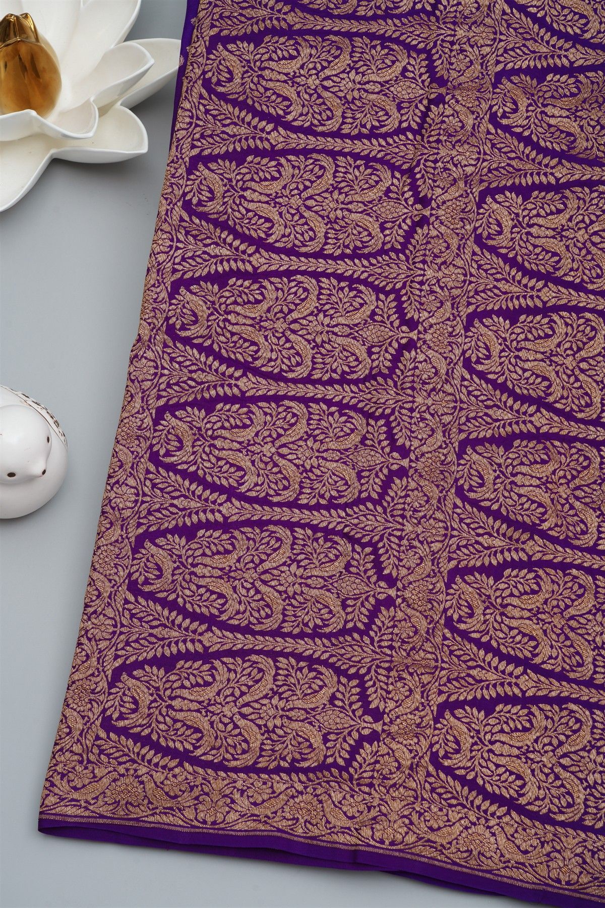 Banarasi Kaddi Georgette Purple Saree With Florals And Birds In Zari Border
