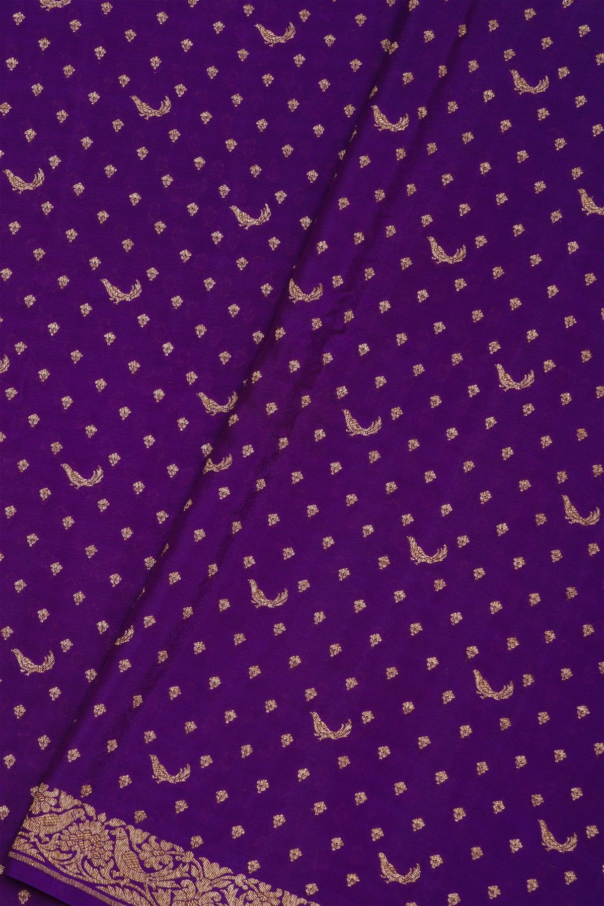 Banarasi Kaddi Georgette Purple Saree With Florals And Birds In Zari Border