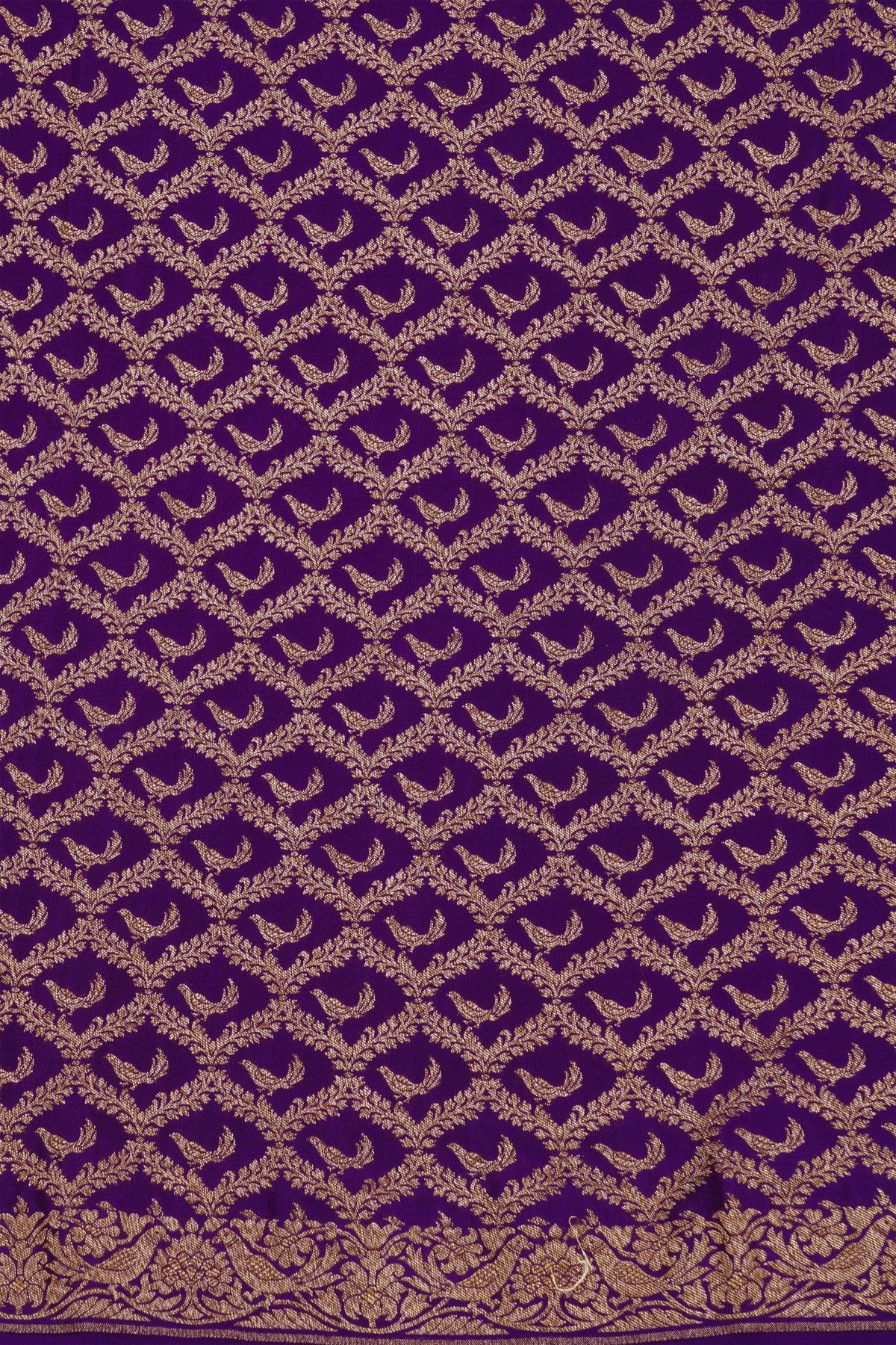 Banarasi Kaddi Georgette Purple Saree With Florals And Birds In Zari Border