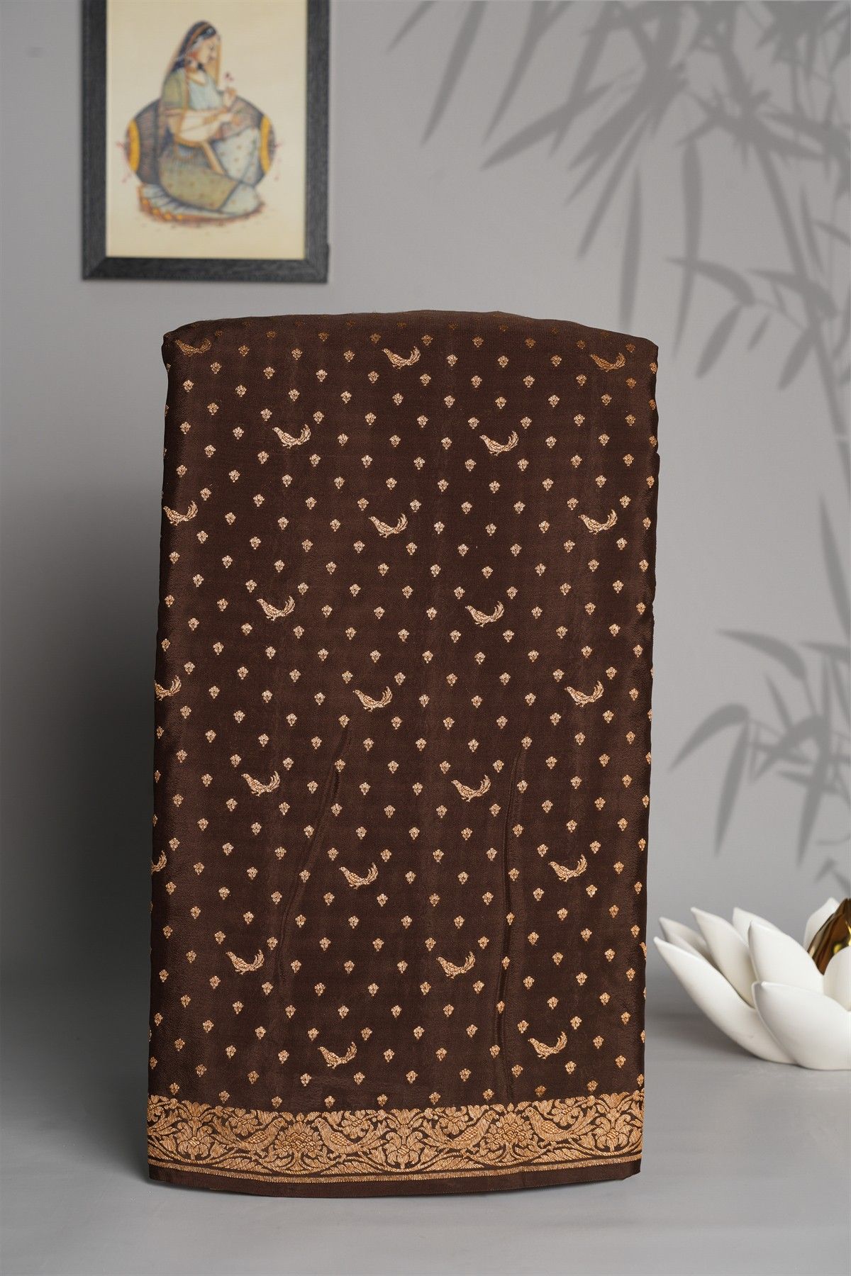 Banarasi Kaddi Georgette Dark Brown Saree With Florals And Birds In Zari Border
