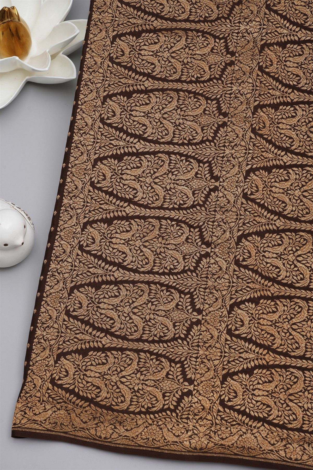 Banarasi Kaddi Georgette Dark Brown Saree With Florals And Birds In Zari Border