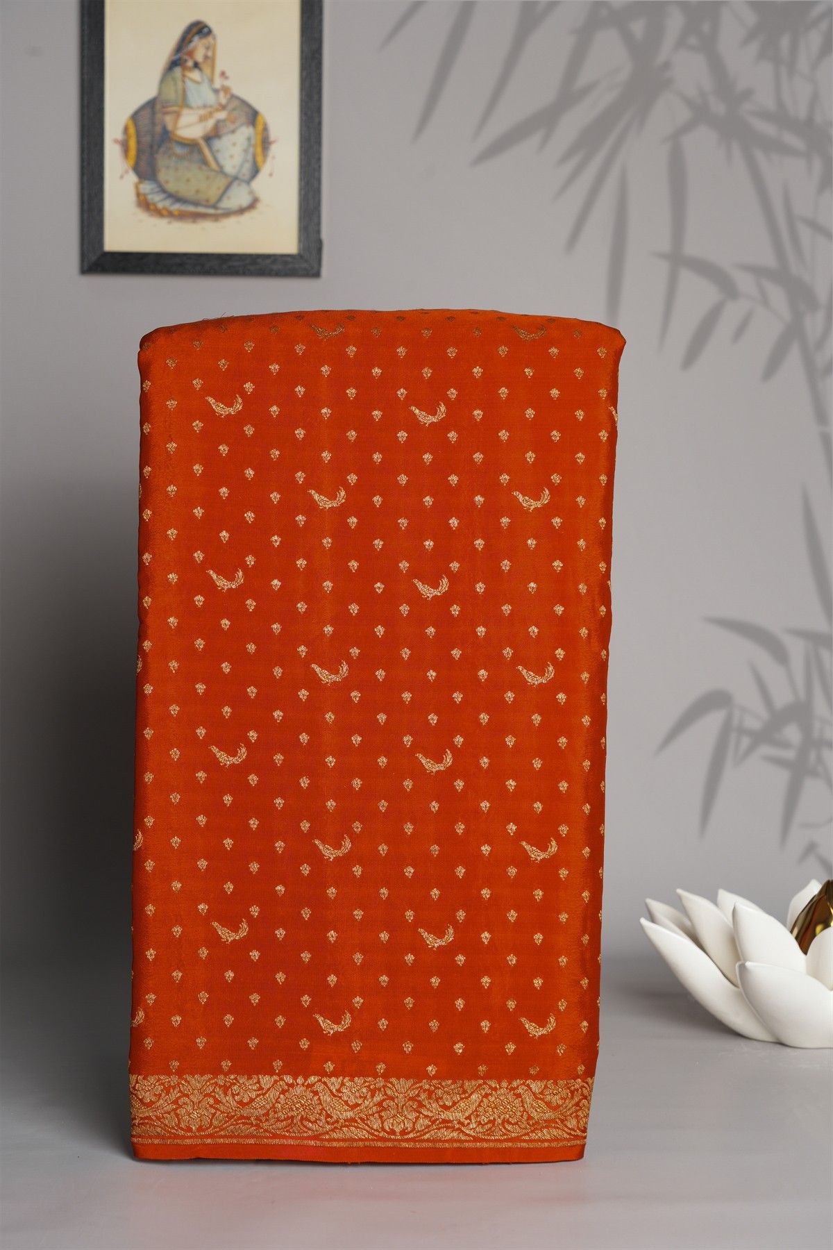 Banarasi Kaddi Georgette Orange Saree With Florals And Birds In Zari Border