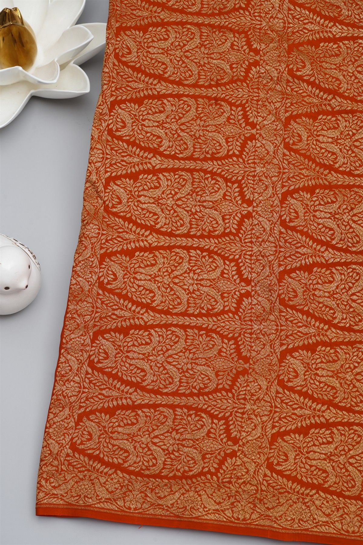 Banarasi Kaddi Georgette Orange Saree With Florals And Birds In Zari Border