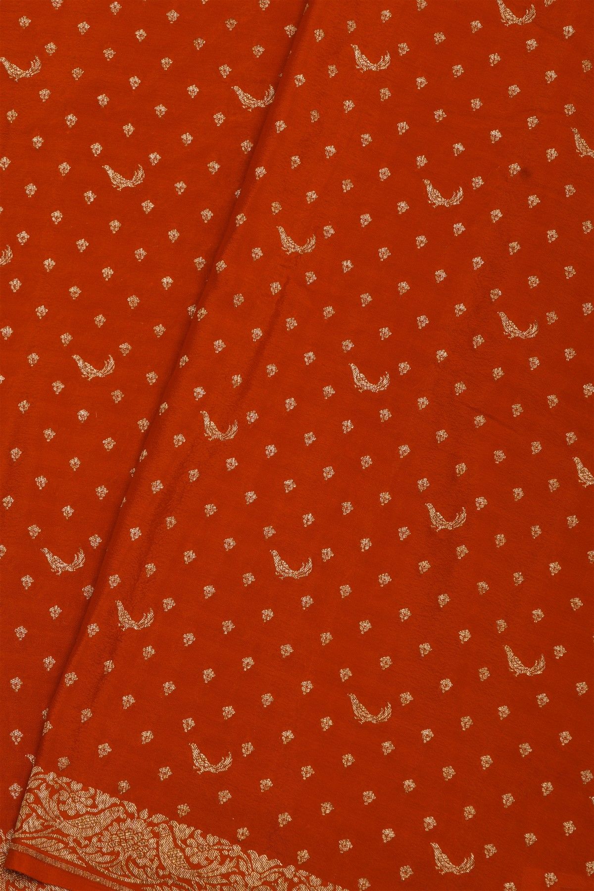 Banarasi Kaddi Georgette Orange Saree With Florals And Birds In Zari Border