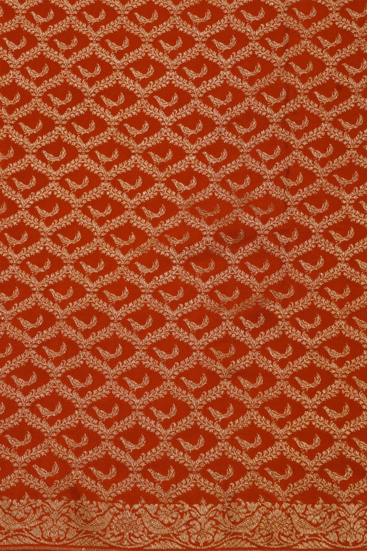 Banarasi Kaddi Georgette Orange Saree With Florals And Birds In Zari Border
