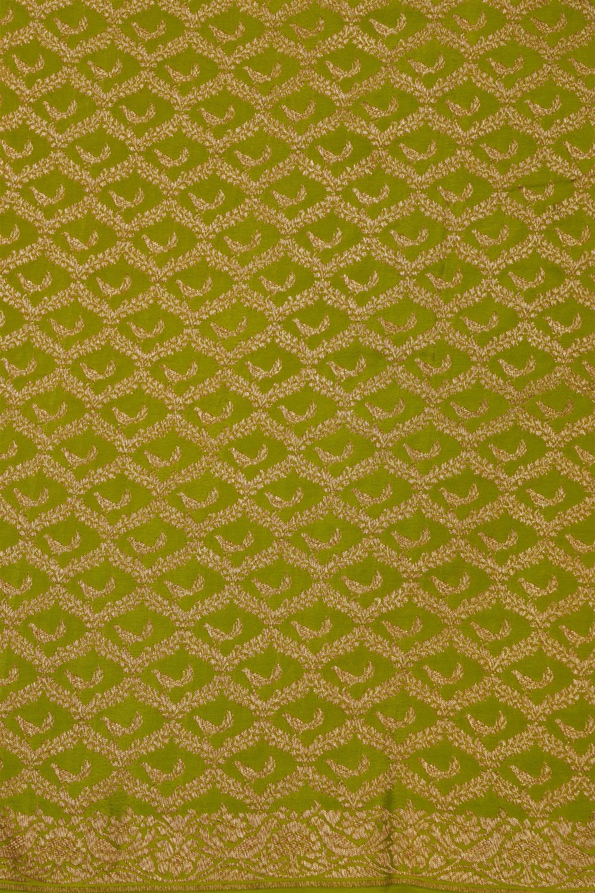 Banarasi Kaddi Georgette Mehendi Green Saree With Florals And Birds In Zari Border