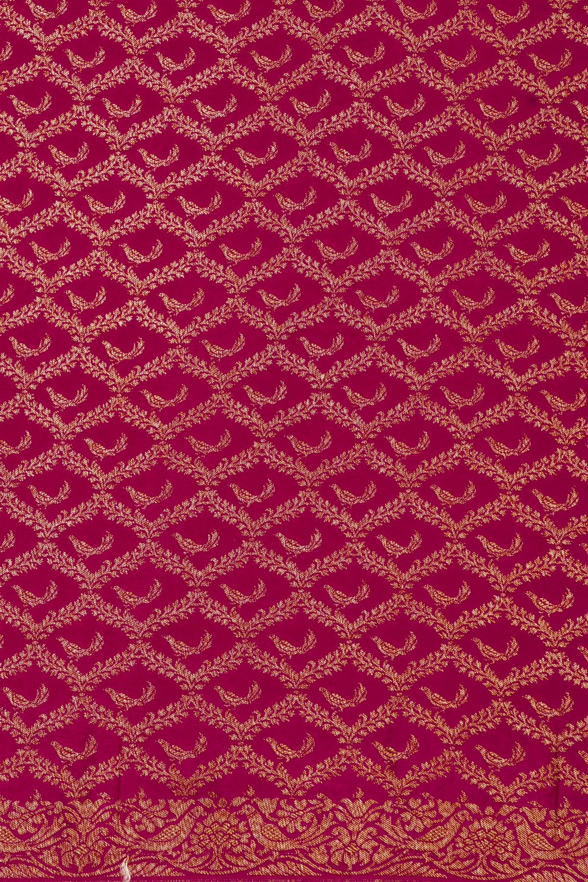 Banarasi Kaddi Georgette Magenta Saree With Florals And Birds In Zari Border