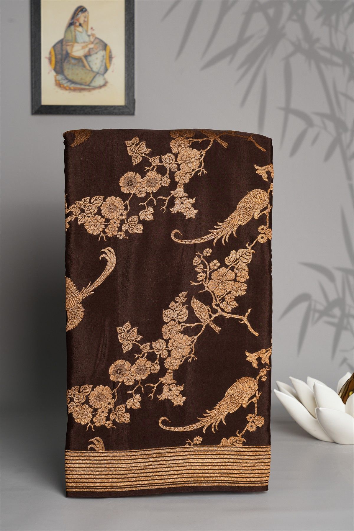 Banarasi Kaddi Georgette Dark Brown Saree With Zari Lines Border