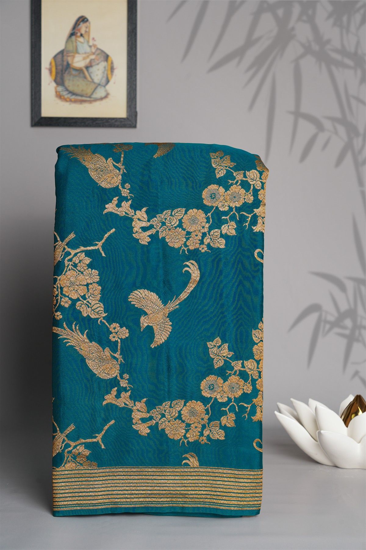 Banarasi Kaddi Georgette Peacock Green Saree With Zari Lines Border