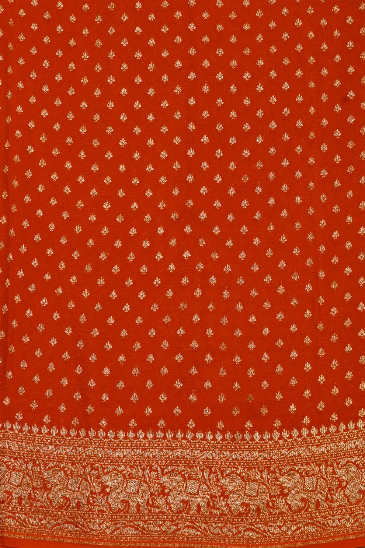 Banarasi Kaddi Georgette Orange Saree With Elephants In Zari Border