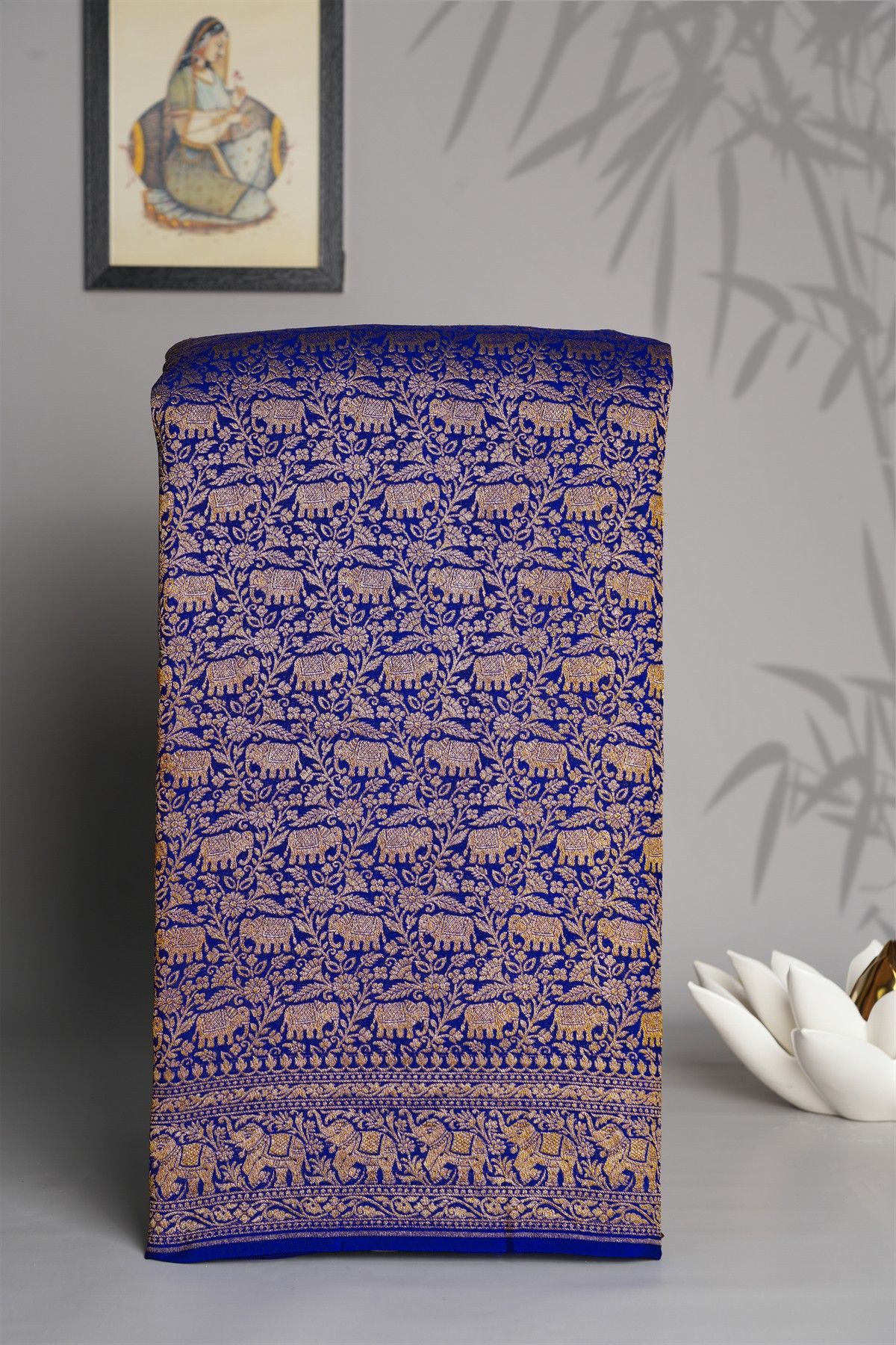 Banarasi Kaddi Georgette Blue Saree With Florals And Elephants In Zari Border