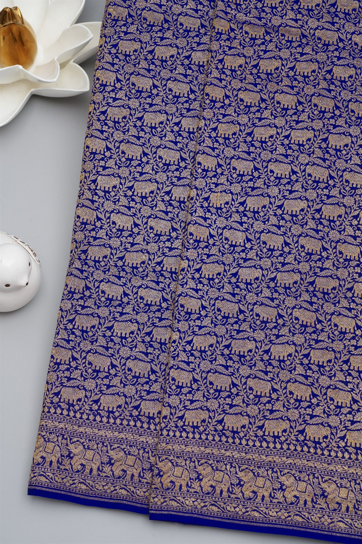 Banarasi Kaddi Georgette Blue Saree With Florals And Elephants In Zari Border