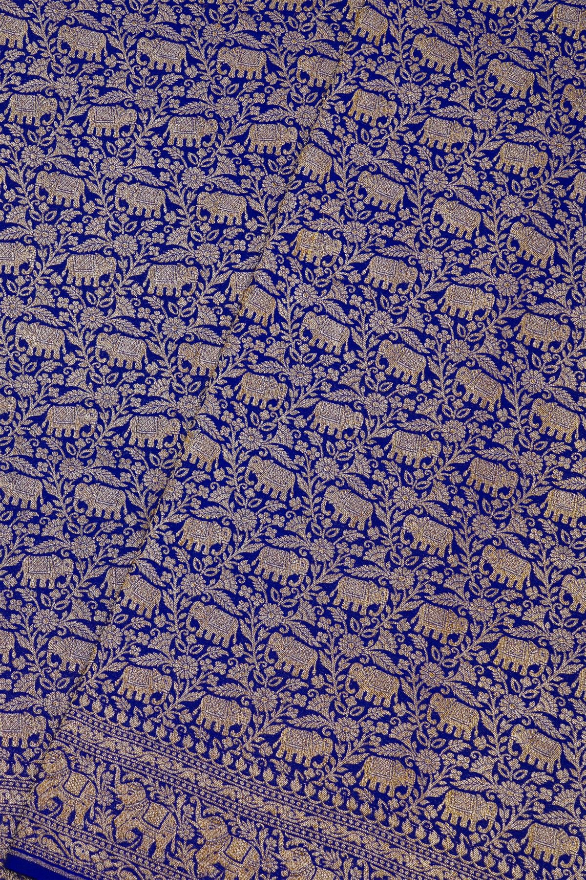 Banarasi Kaddi Georgette Blue Saree With Florals And Elephants In Zari Border