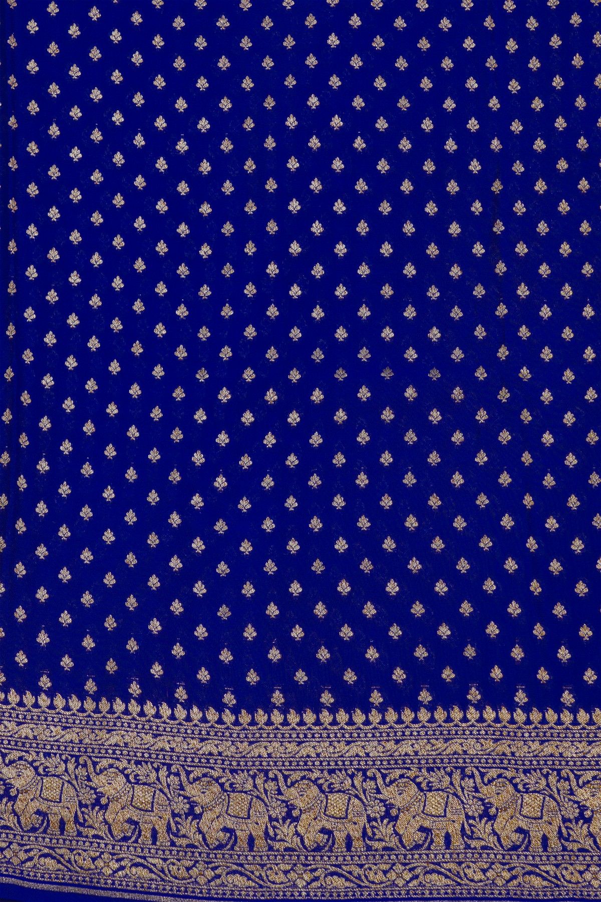 Banarasi Kaddi Georgette Blue Saree With Florals And Elephants In Zari Border