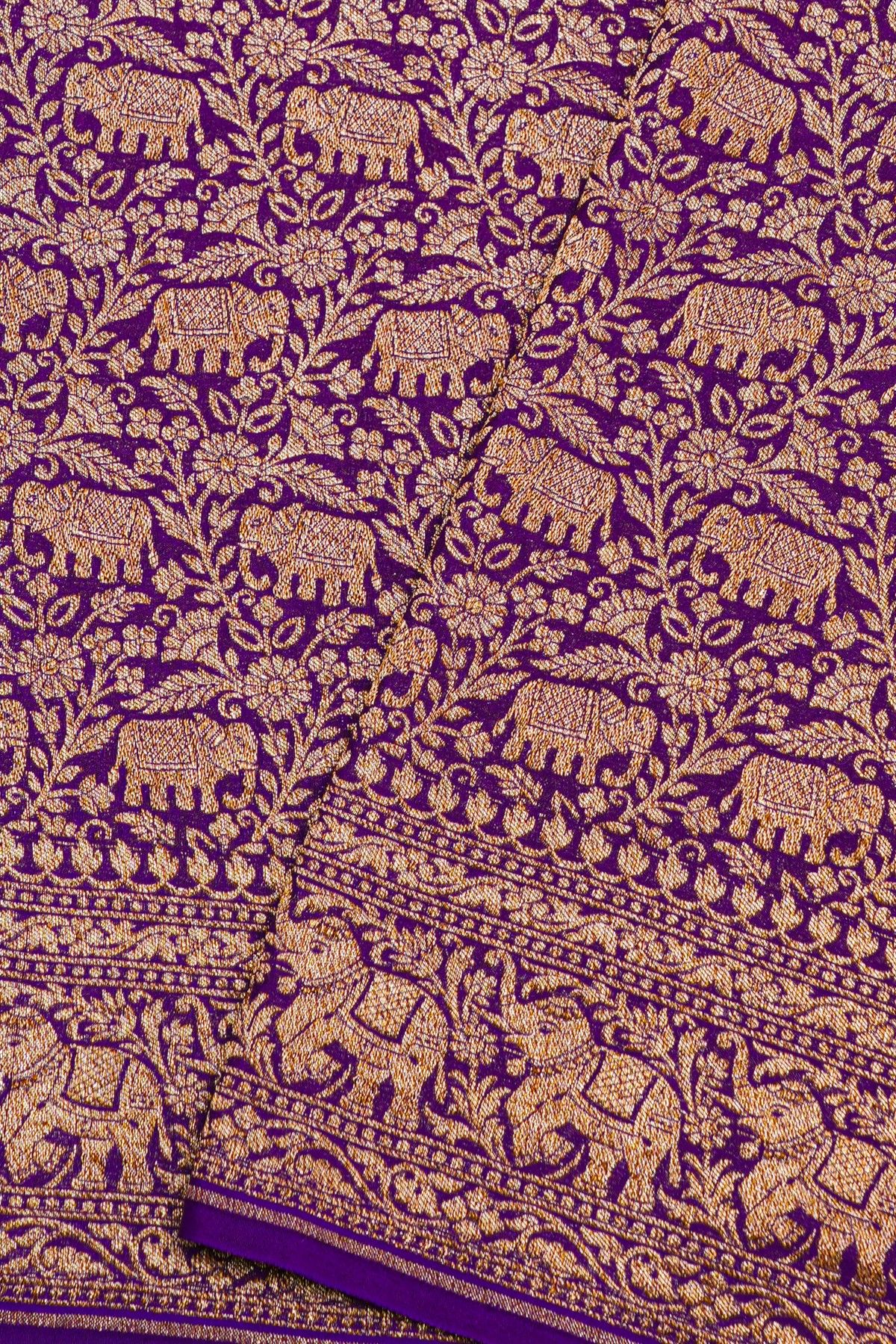 Banarasi Kaddi Georgette Purple Saree With Florals And Elephants In Zari Border