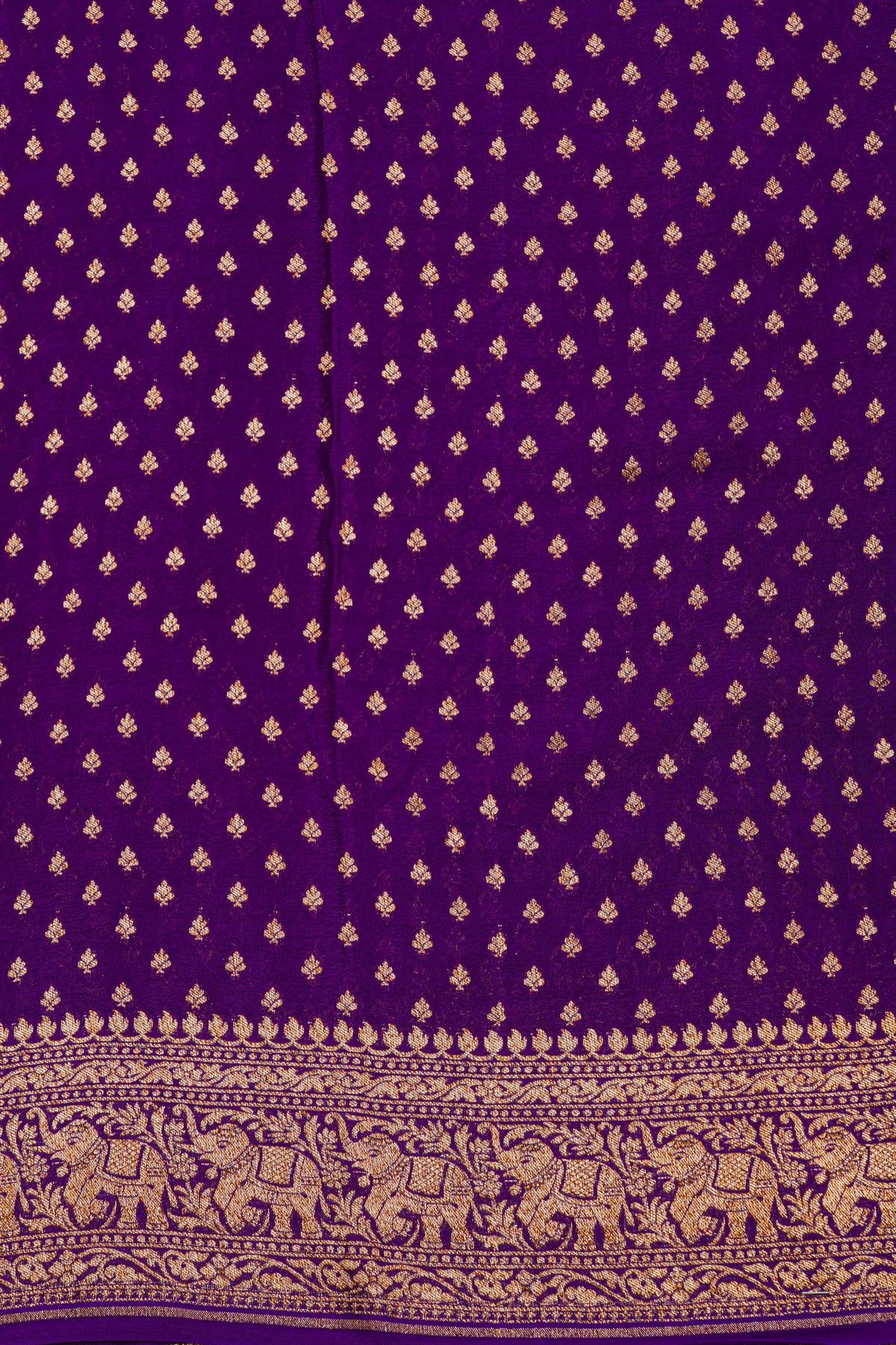 Banarasi Kaddi Georgette Purple Saree With Florals And Elephants In Zari Border