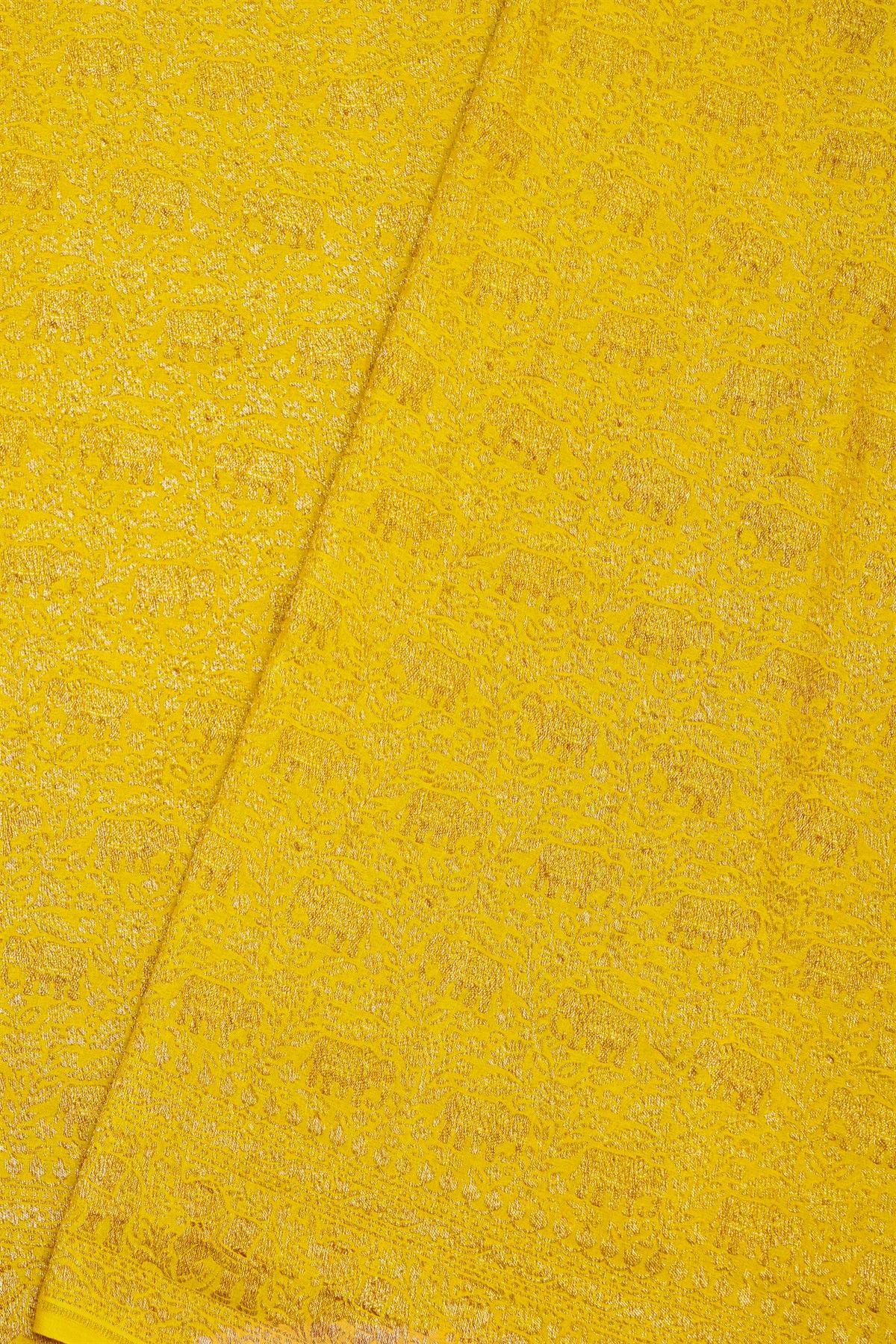 Banarasi Kaddi Georgette Yellow Saree With Florals And Elephants In Zari Border