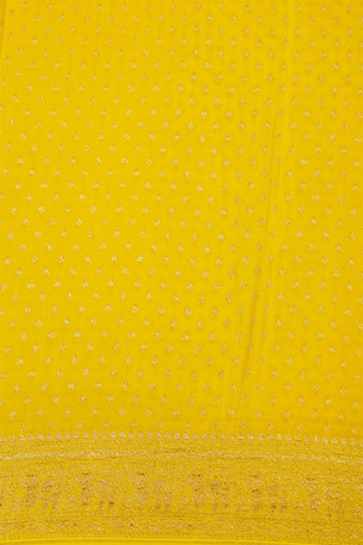 Banarasi Kaddi Georgette Yellow Saree With Florals And Elephants In Zari Border