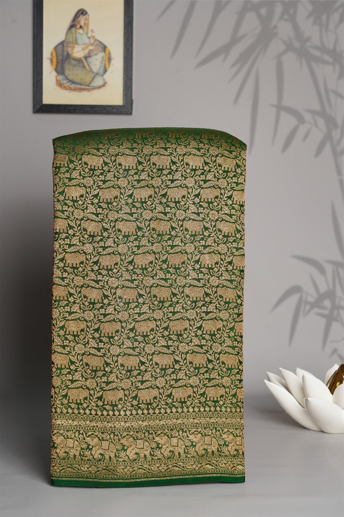 Banarasi Kaddi Georgette Bottle Green Saree With Florals And Elephants In Zari Border