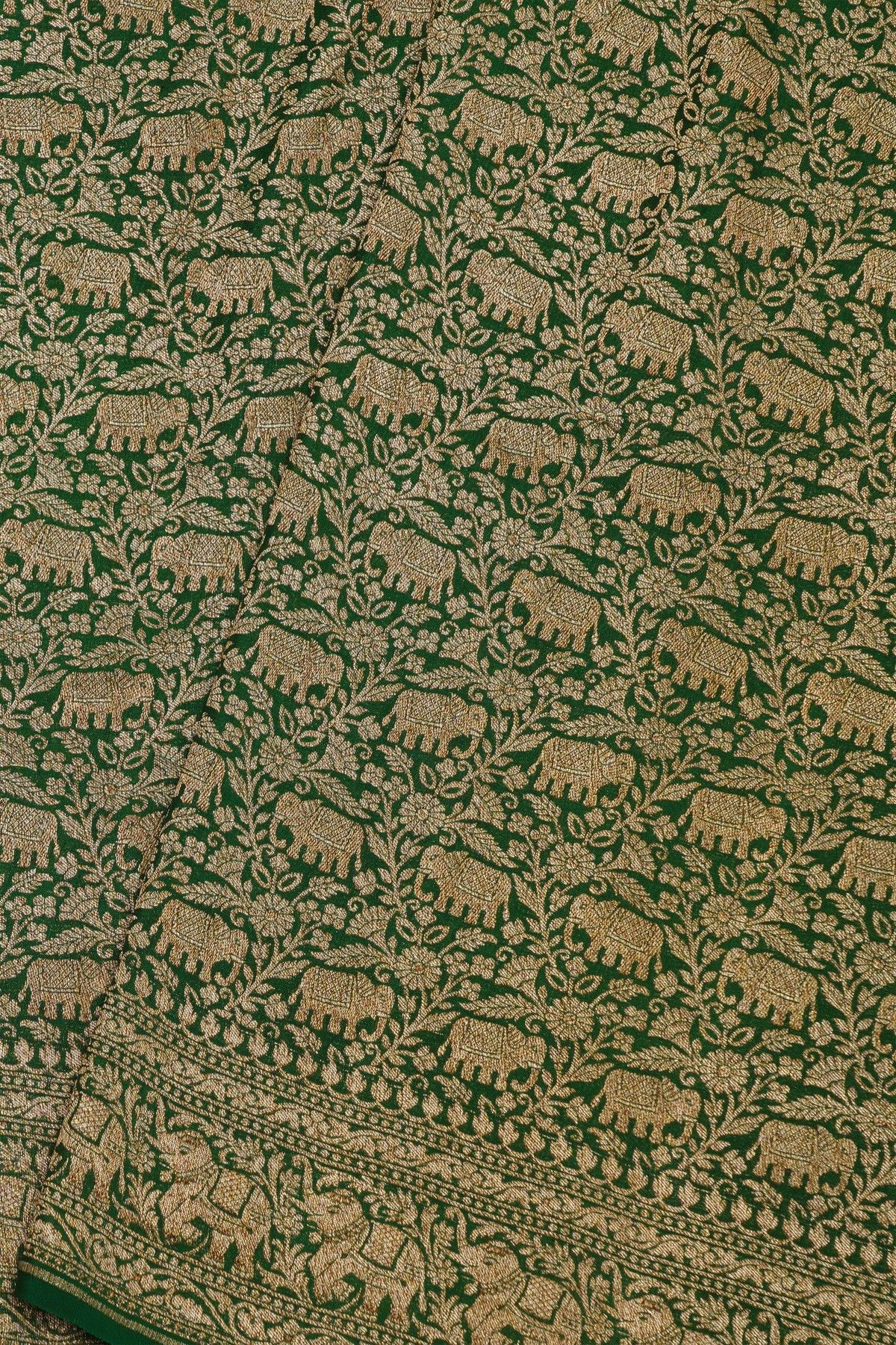 Banarasi Kaddi Georgette Bottle Green Saree With Florals And Elephants In Zari Border