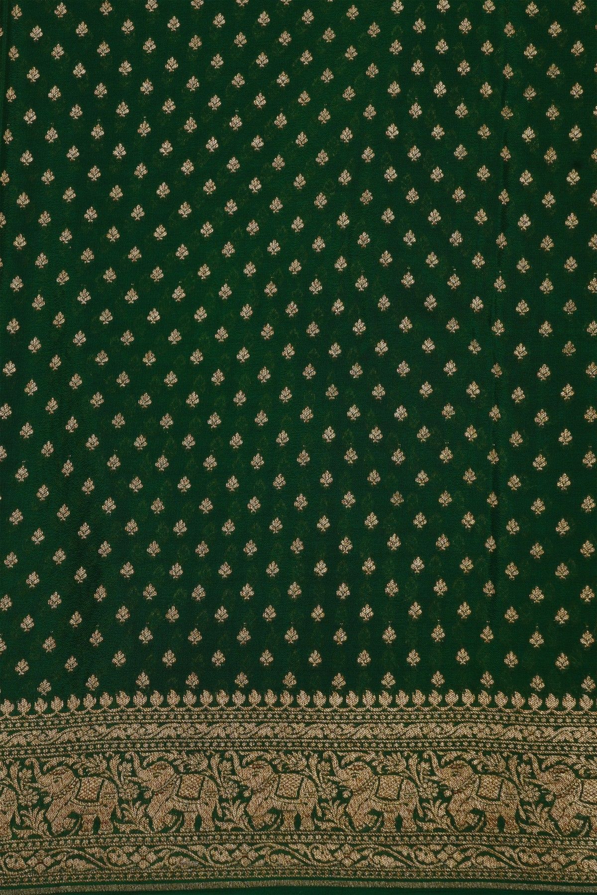 Banarasi Kaddi Georgette Bottle Green Saree With Florals And Elephants In Zari Border