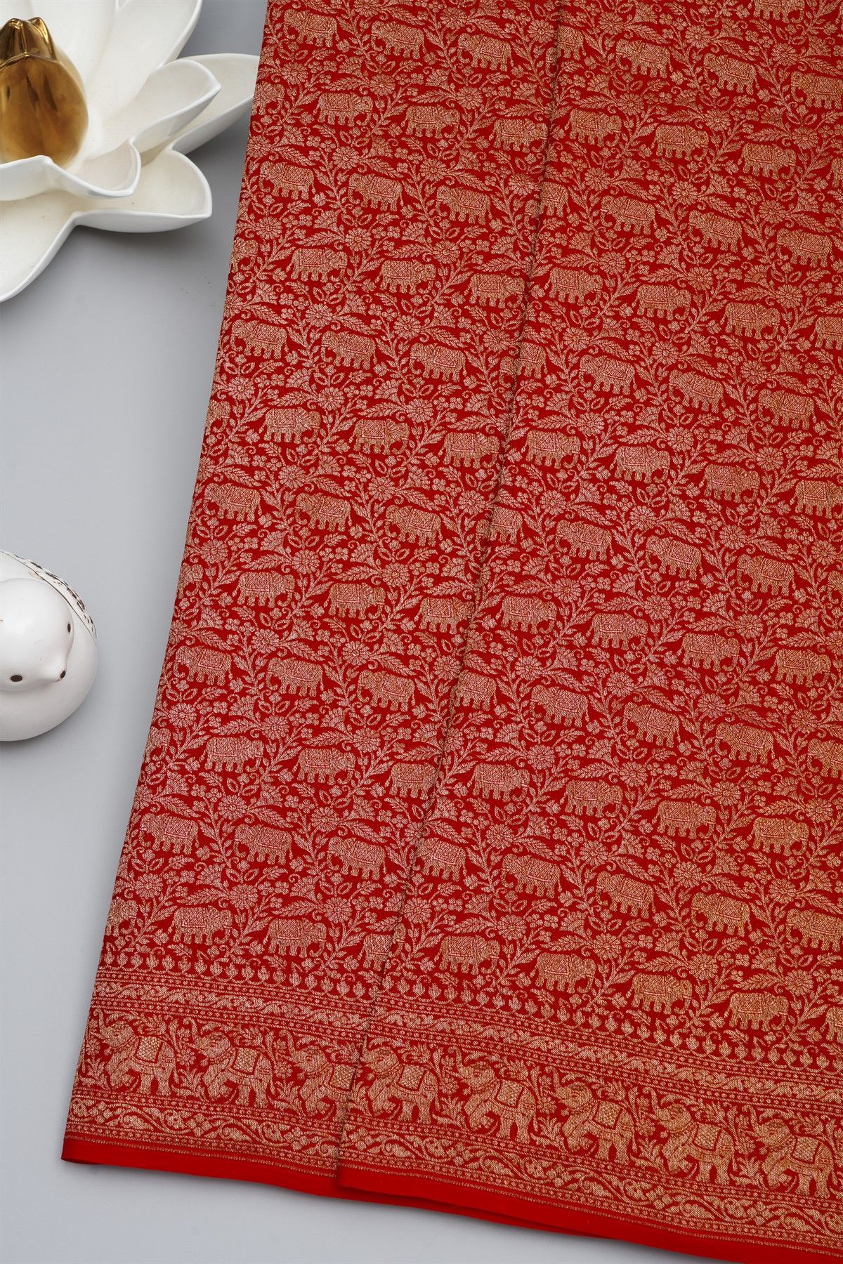 Banarasi Kaddi Georgette Red Saree With Elephants In Zari Border
