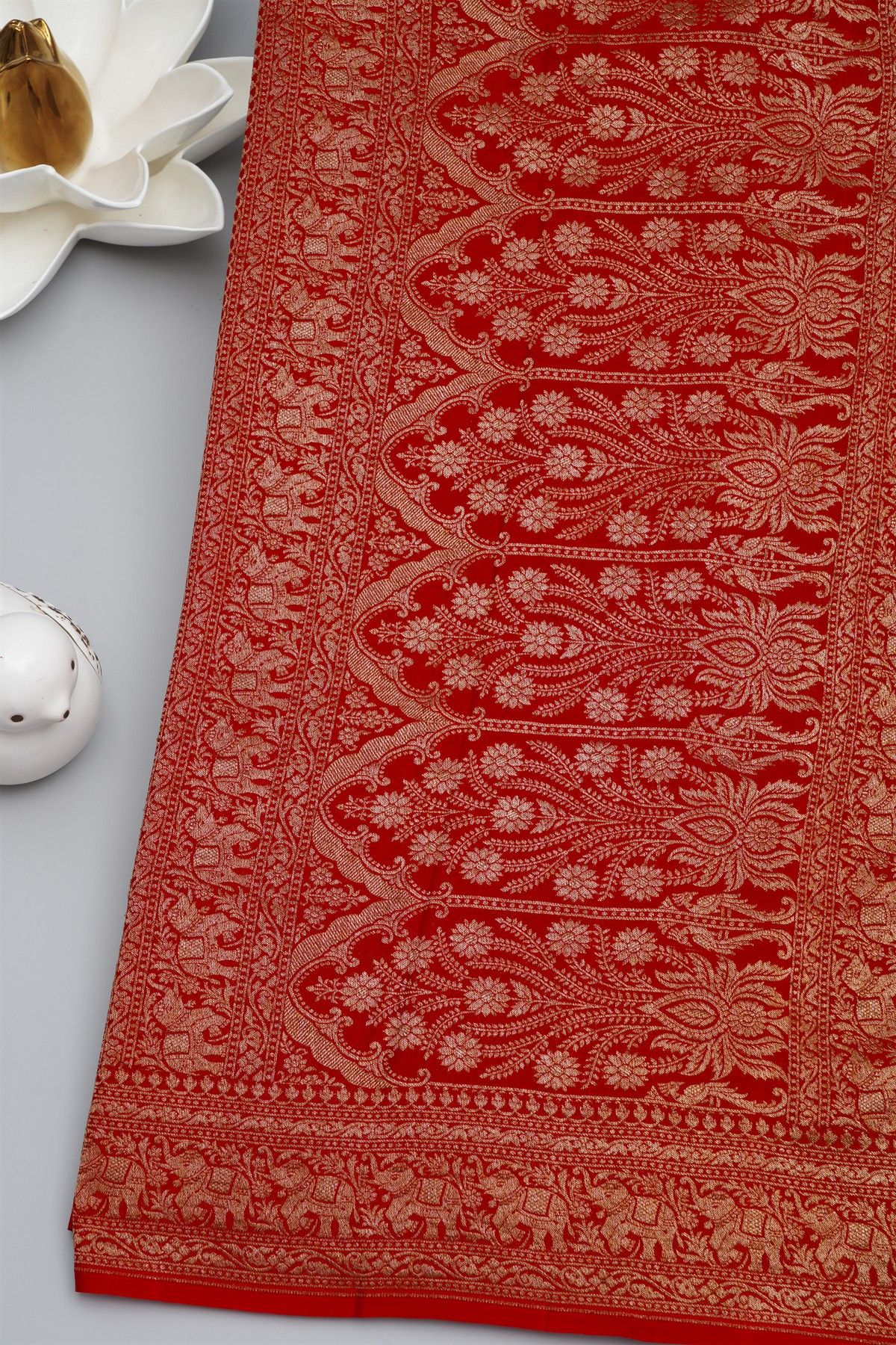 Banarasi Kaddi Georgette Red Saree With Elephants In Zari Border
