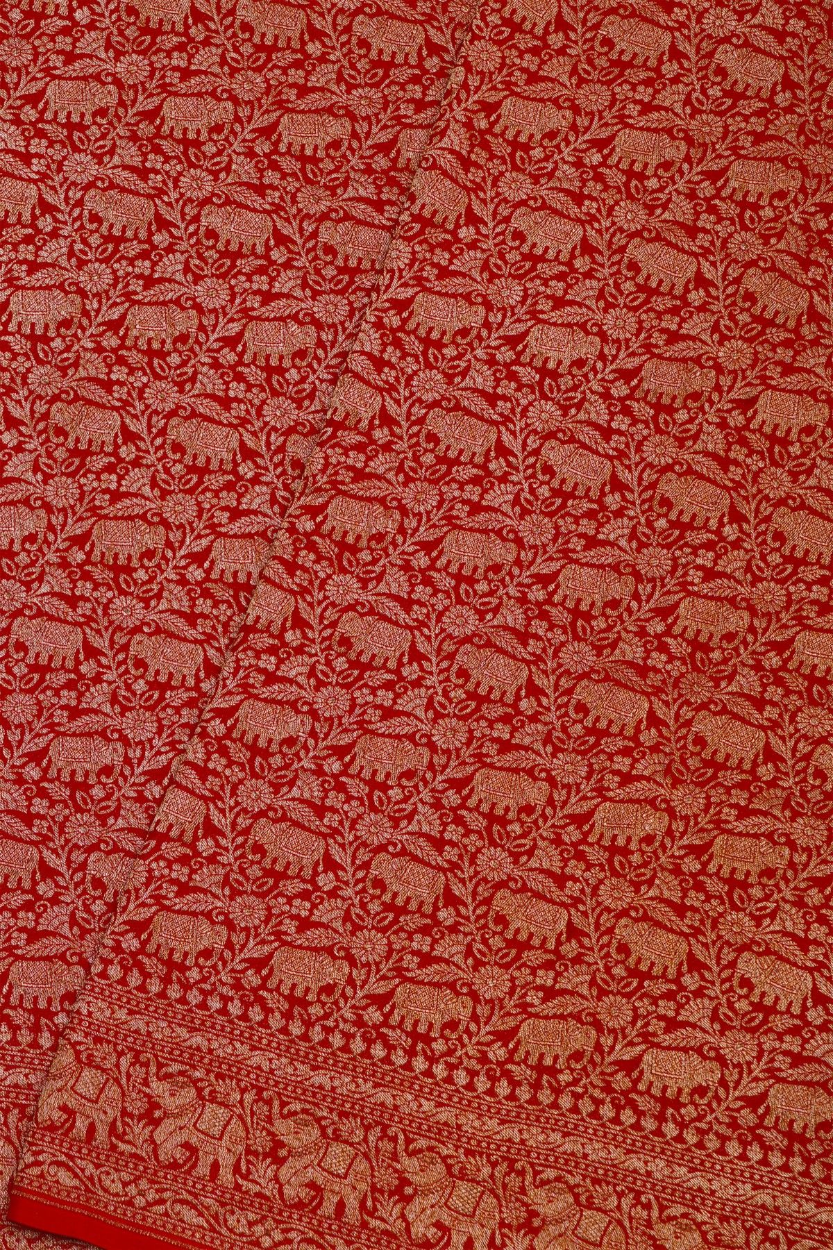 Banarasi Kaddi Georgette Red Saree With Elephants In Zari Border