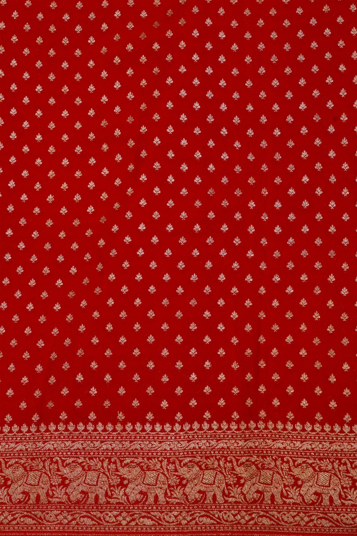 Banarasi Kaddi Georgette Red Saree With Elephants In Zari Border
