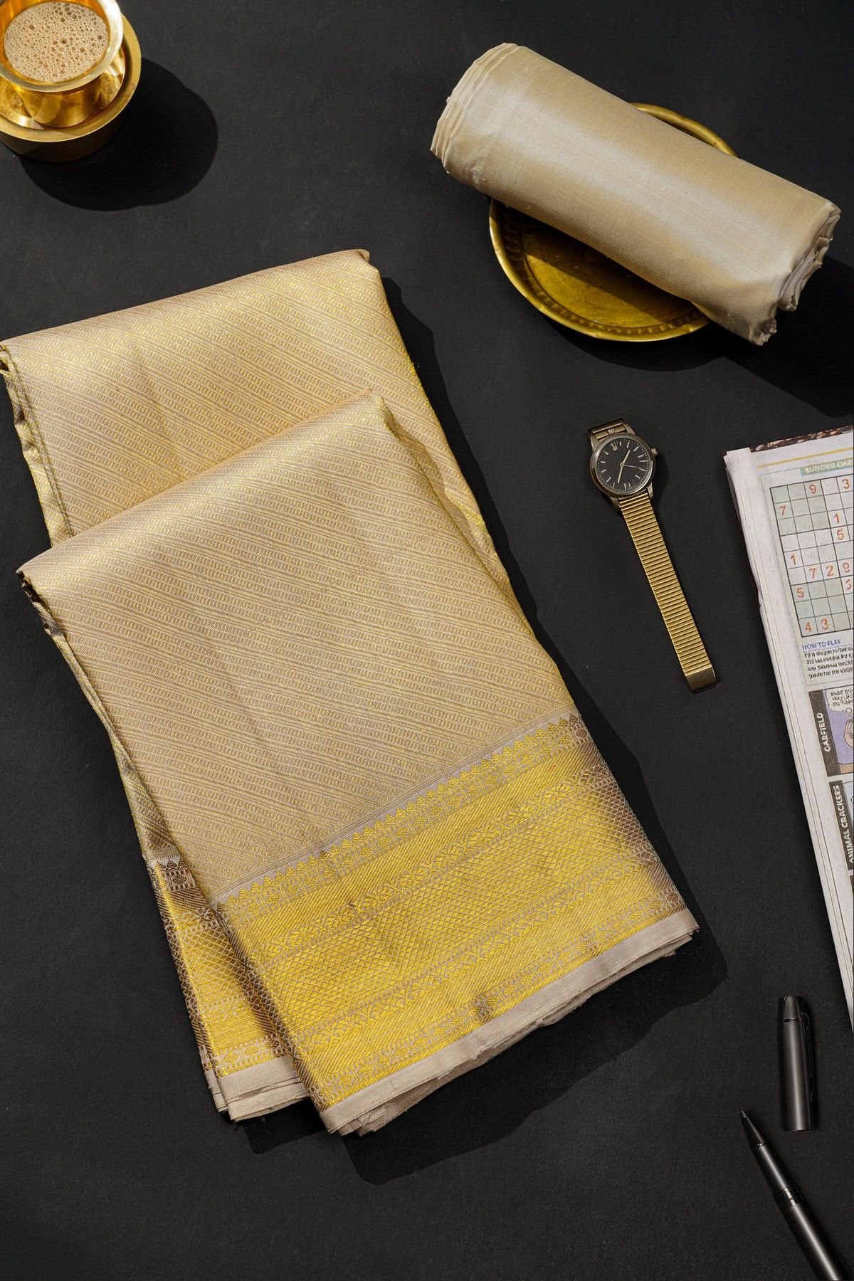 Kancheepuram Silk Cream Dhoti With Cross Lines And Buttis