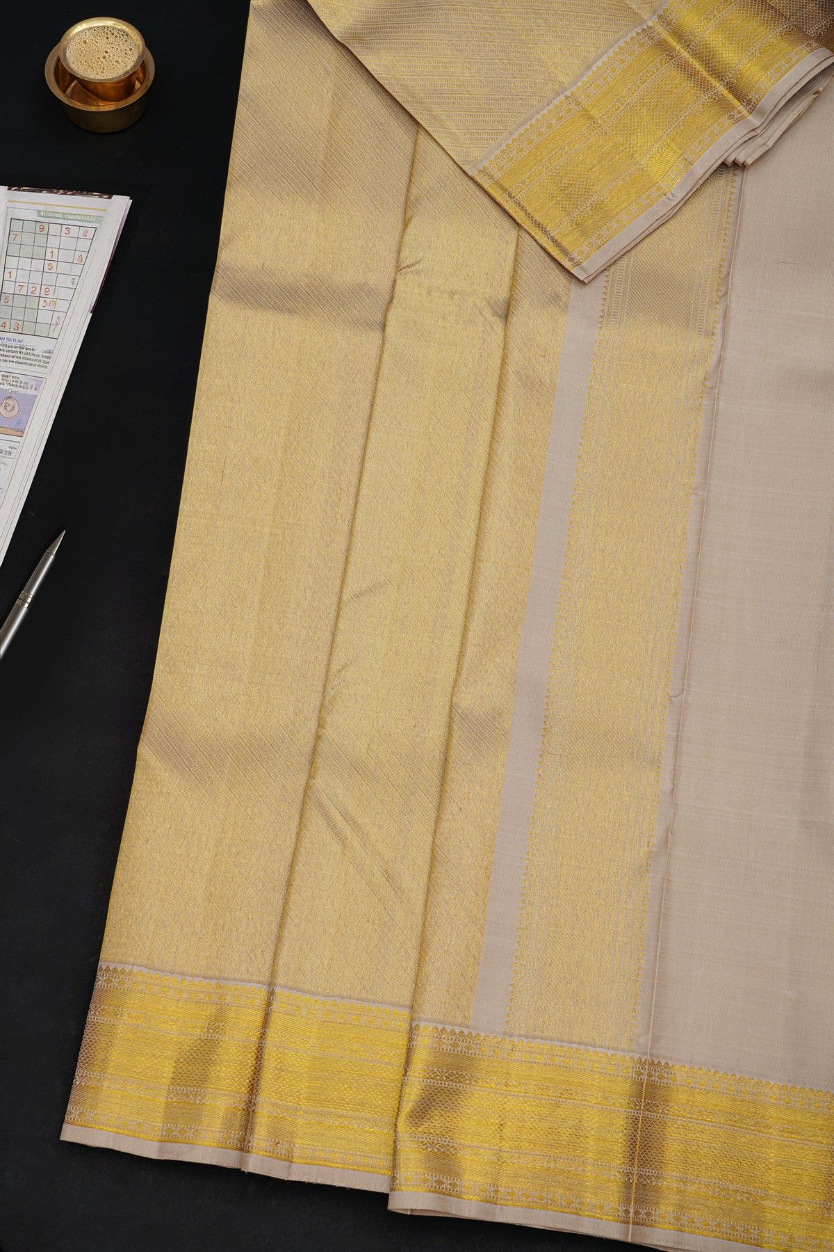Kancheepuram Silk Cream Dhoti With Cross Lines And Buttis