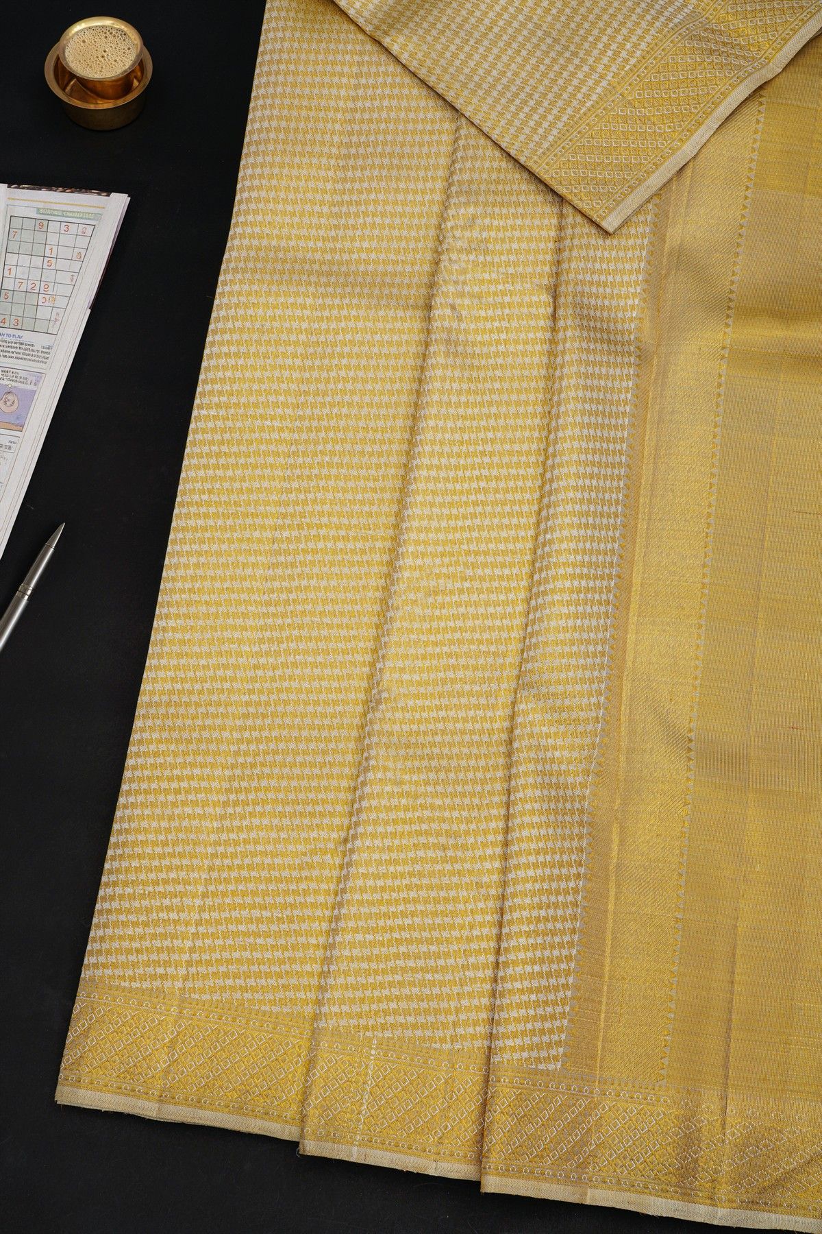 Kancheepuram Silk Cream Bridal Dhoti With Zig-Zag Lines In Zari