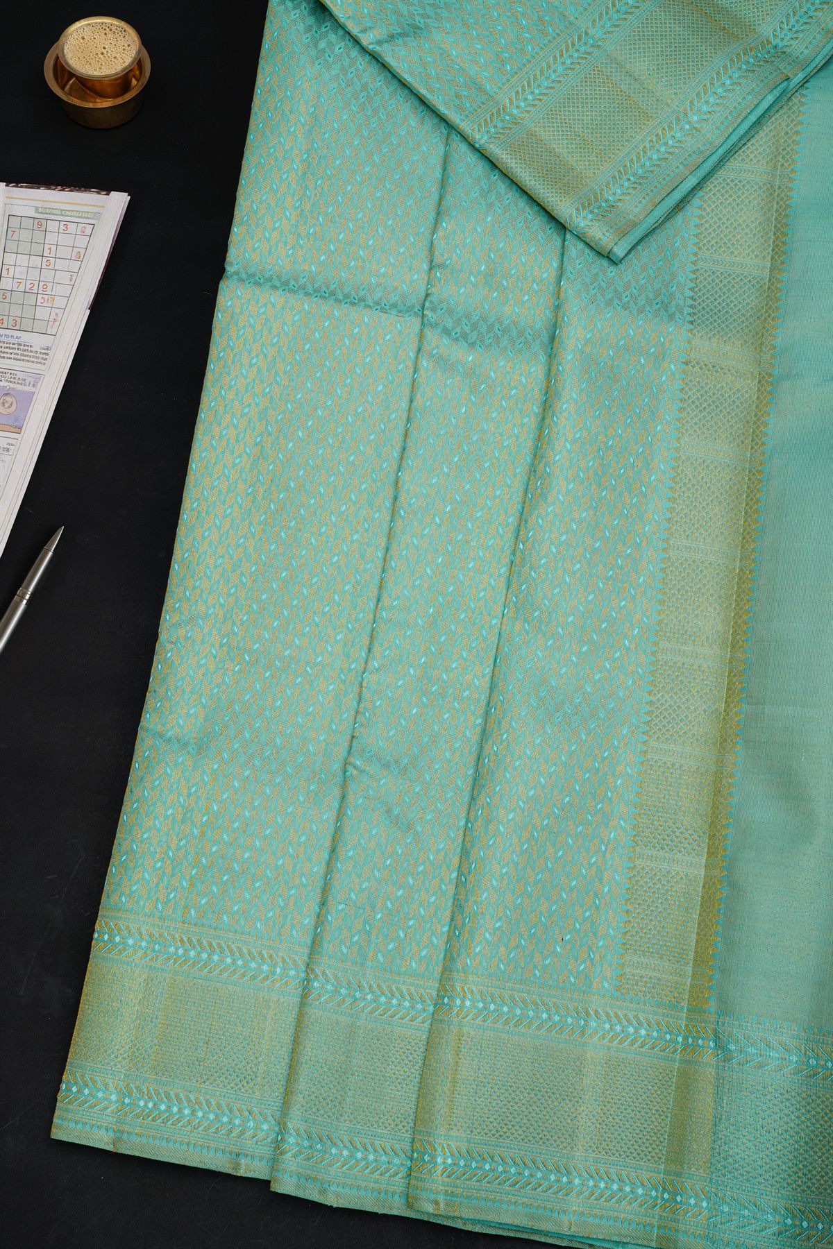 Kancheepuram Silk Sky Blue Rich Dhoti With Diamond Buttis