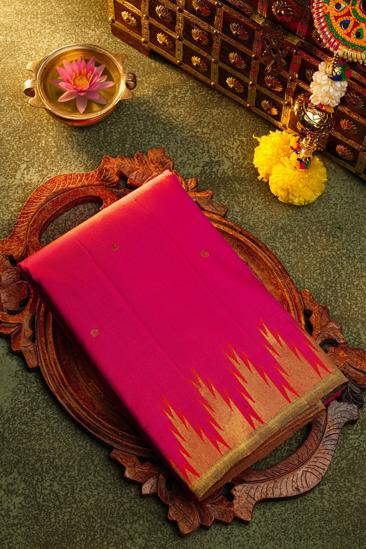 Kancheepuram Silk Magenta Saree With Dollar Buttis Body And Self Temple Border With Zari Lines Pallu